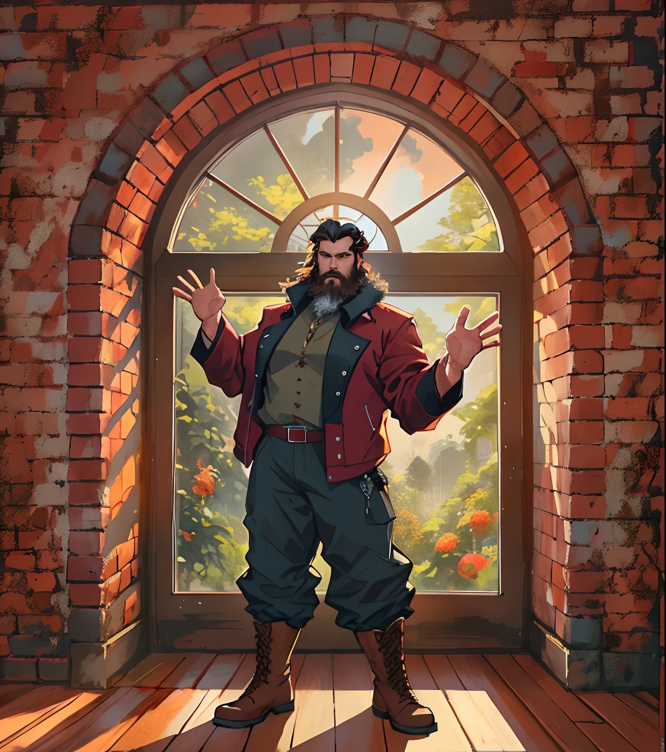 A bearded man in a red jacket and pants stands in front of a window with outstretched arms, full body character concept, full body concept, detailed full body concept, The room has a window overlooking the garden, brown brick walls, warm lighting, background illustration, Soft light from the window,  wooden floor, Window with natural light, Light from the window