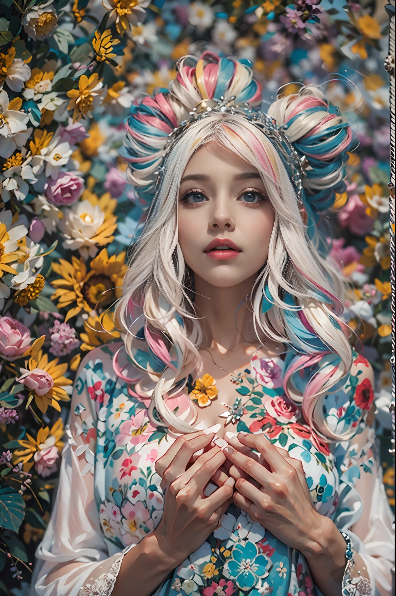 En un mundo virtual, una gran cantidad de datos pasan zumbando en todas direcciones., En el centro de la imagen, una mujer muy hermosa con un peinado colorido y un mono de colores brillantes mira el mundo que la rodea.. (La mejor calidad) obra maestra ((pechos muy grandes)) ((cabello rubio)) (cuerpo delgado)