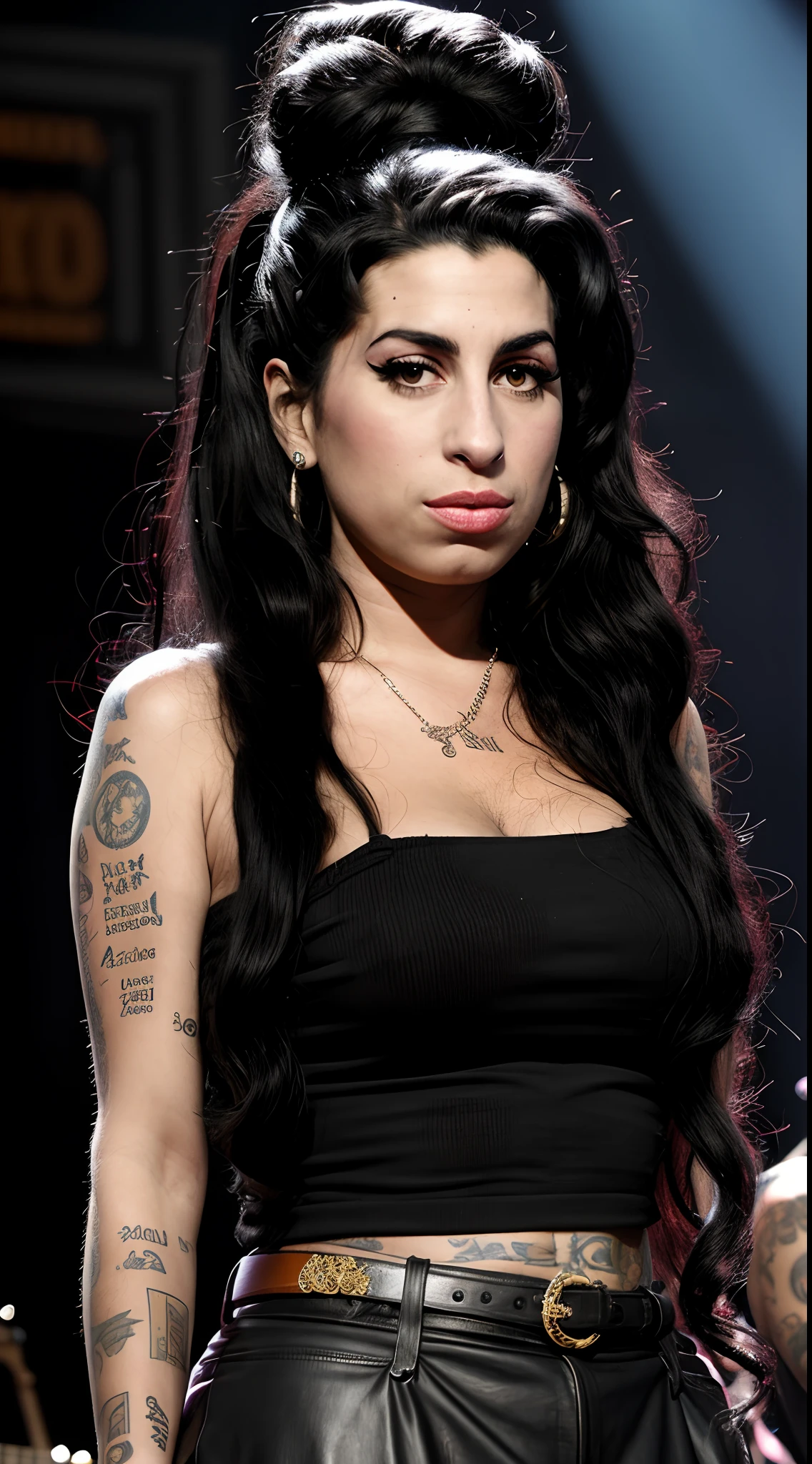Retrato de Amy Winehouse, alto detalhamento, Looking at the Viewer, trend, ,stage background