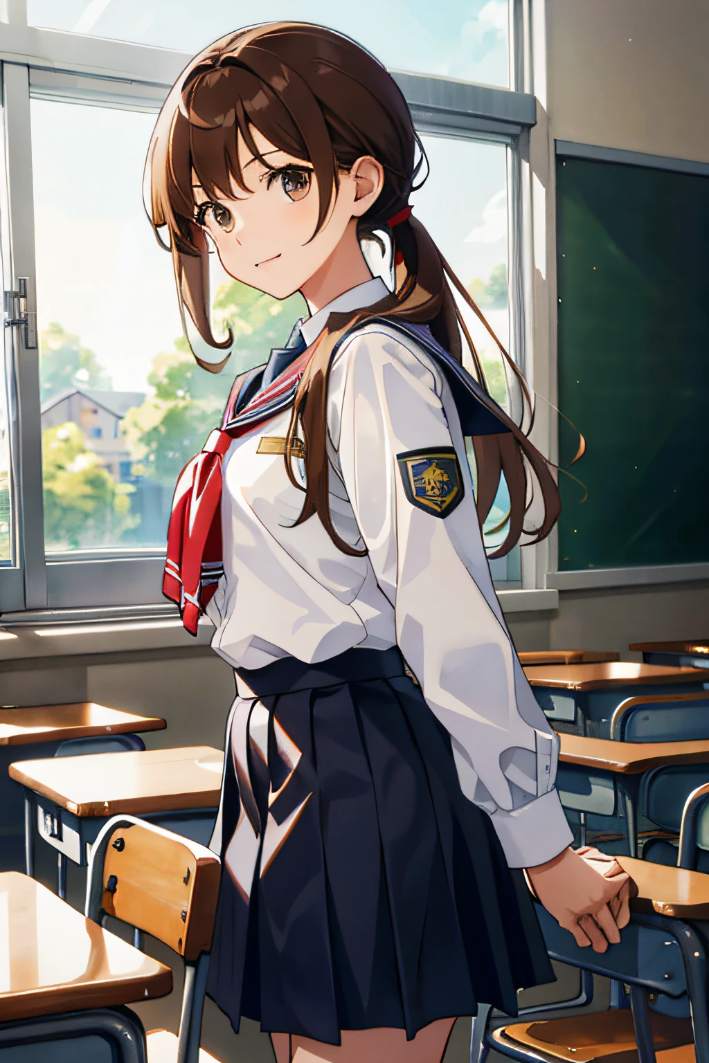 tmasterpiece,younger female,Brown hair,horse tailed,high school school uniforms,Classroom,janelas
