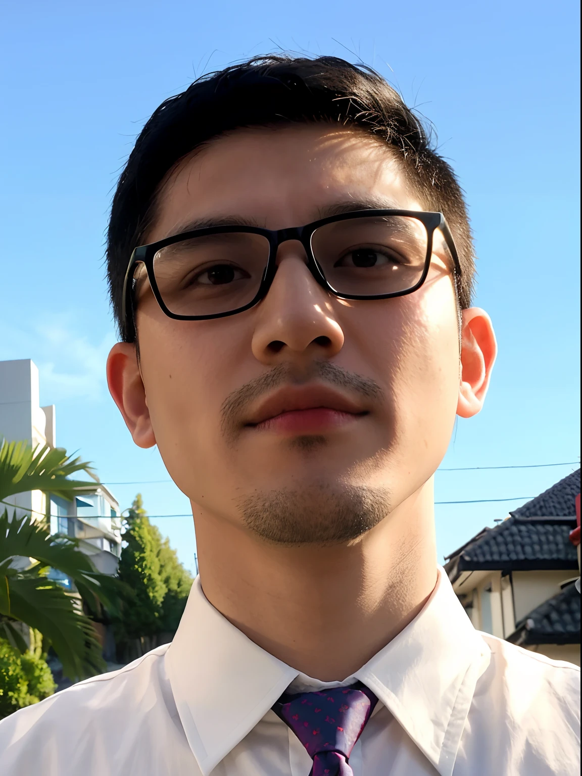 arafed man wearing glasses and a tie standing in front of a house, ramil sunga, taken in the early 2020s, john jude palencar, henry ascensio, victor ngai, ayamin kojima, avatar image, mohamed chahin, christian orrillo, 27 years old, dzung phung dinh