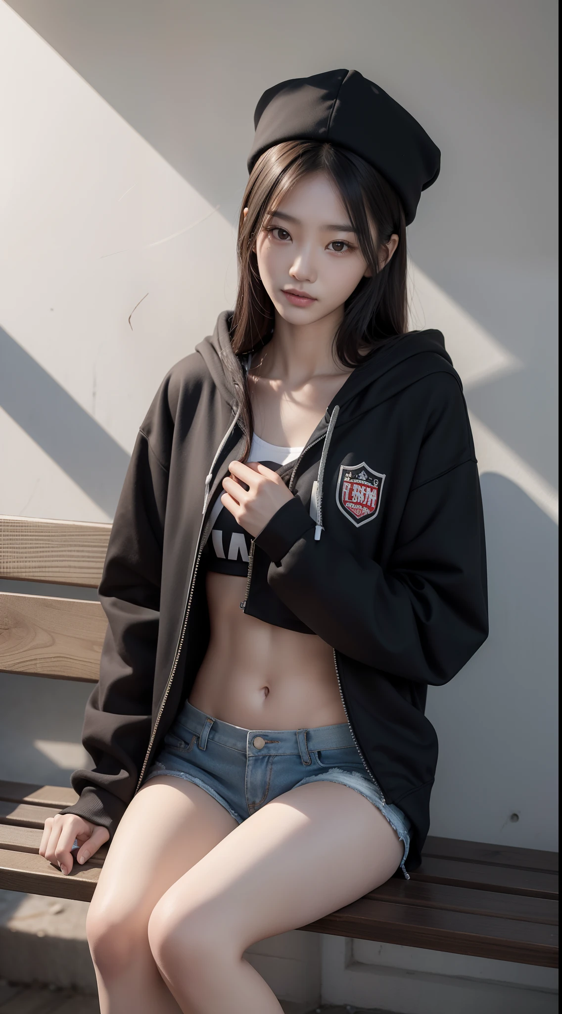 (masterpiece), (photorealistic),(ultra-detailed), very pretty one korean young woman about 23 years old barely sitting on a bench,has not eaten for 2 months, about to die of starvation,extremely slim, extremely weak,tall, long legs, barely have strength,exhausted,almost just bones, smiling, small head, big eyes,clean skin, wearing oversized hoodie covering the whole upper body but hat taken off, long hair,bony, wearing very short shorts, clothes baggy because she is slim, generate entire body, extremely feeble and slim but tall and long body,extremely slim legs, extremely slim arms, very hungry, not having much strength, barely having the strength to not faint, feeble head,extremely feeble body, extremely thin legs,very thin body,wearing shorts, wearing sneakers, tall, long body,eagerly using all strength not to faint,pleading for food,slightly smiling,haggard,have almost no fat,extremely hungry,want to eat anything because she is so hungry,severely hungry,slightly smiling,one hand on stomach part of hoodie,enduring extreme hunger,bately resisting the urge to eat everything