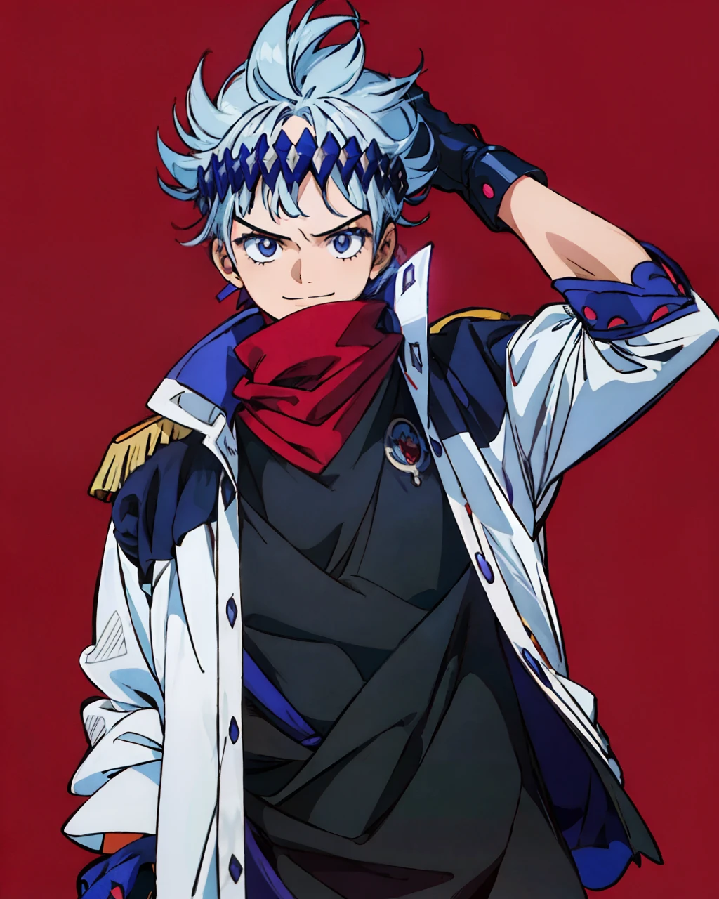 Anime Shounen,menino adolescente,cabelos brancos, vermelho - olhos,Prince Court,Bangs de Qi,quimono preto,a noite, sorrindo