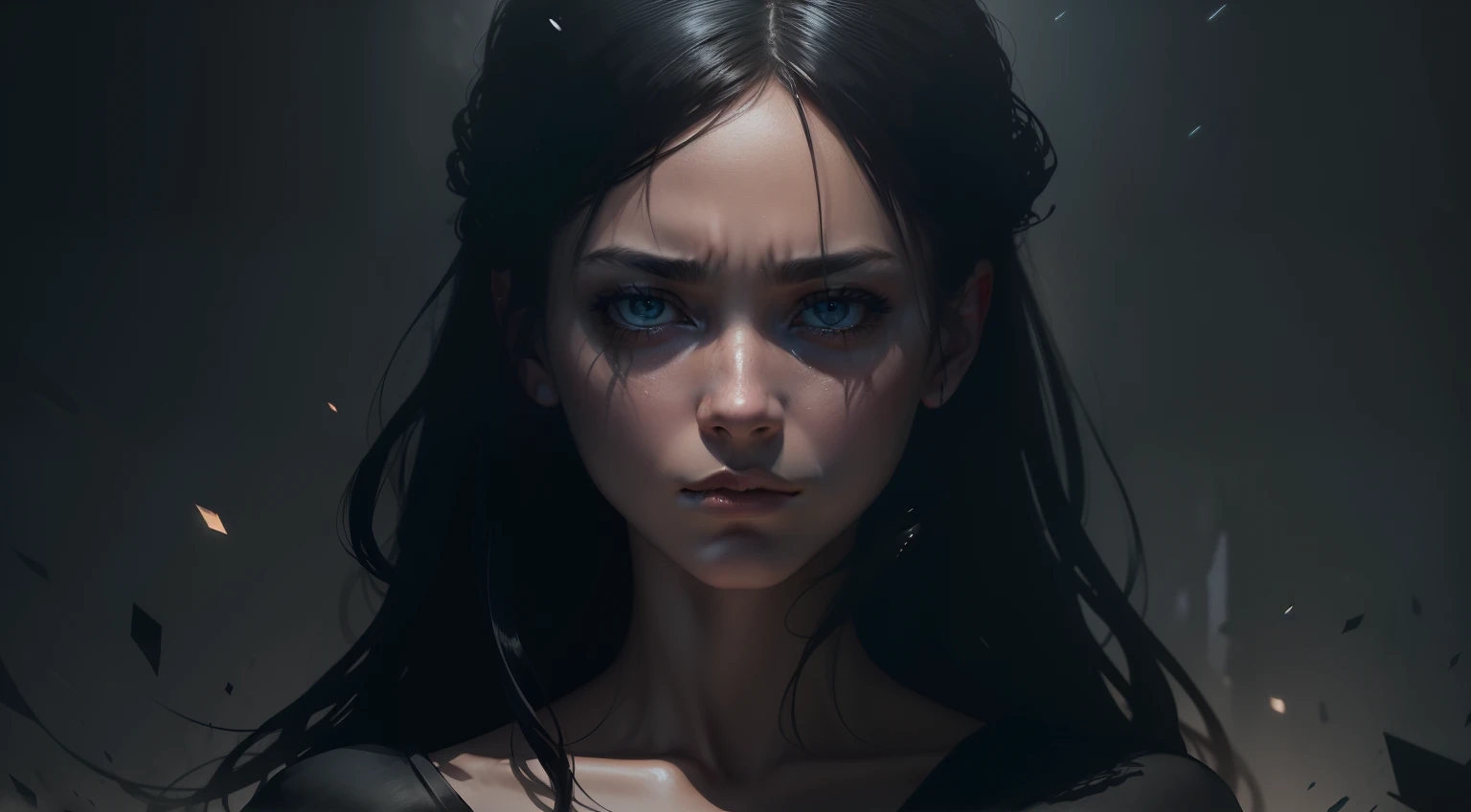An illustration of a highly realistic female figure with a serious expression, surrounded by a dark and atmospheric environment. The figure can be schematic, with traits that indicate sadness and introspection. The dark setting may contain symbolic elements of difficulties and challenges. The illustration should evoke a feeling of emotional depth – ralist – ultra realistic – full face in the image – no background