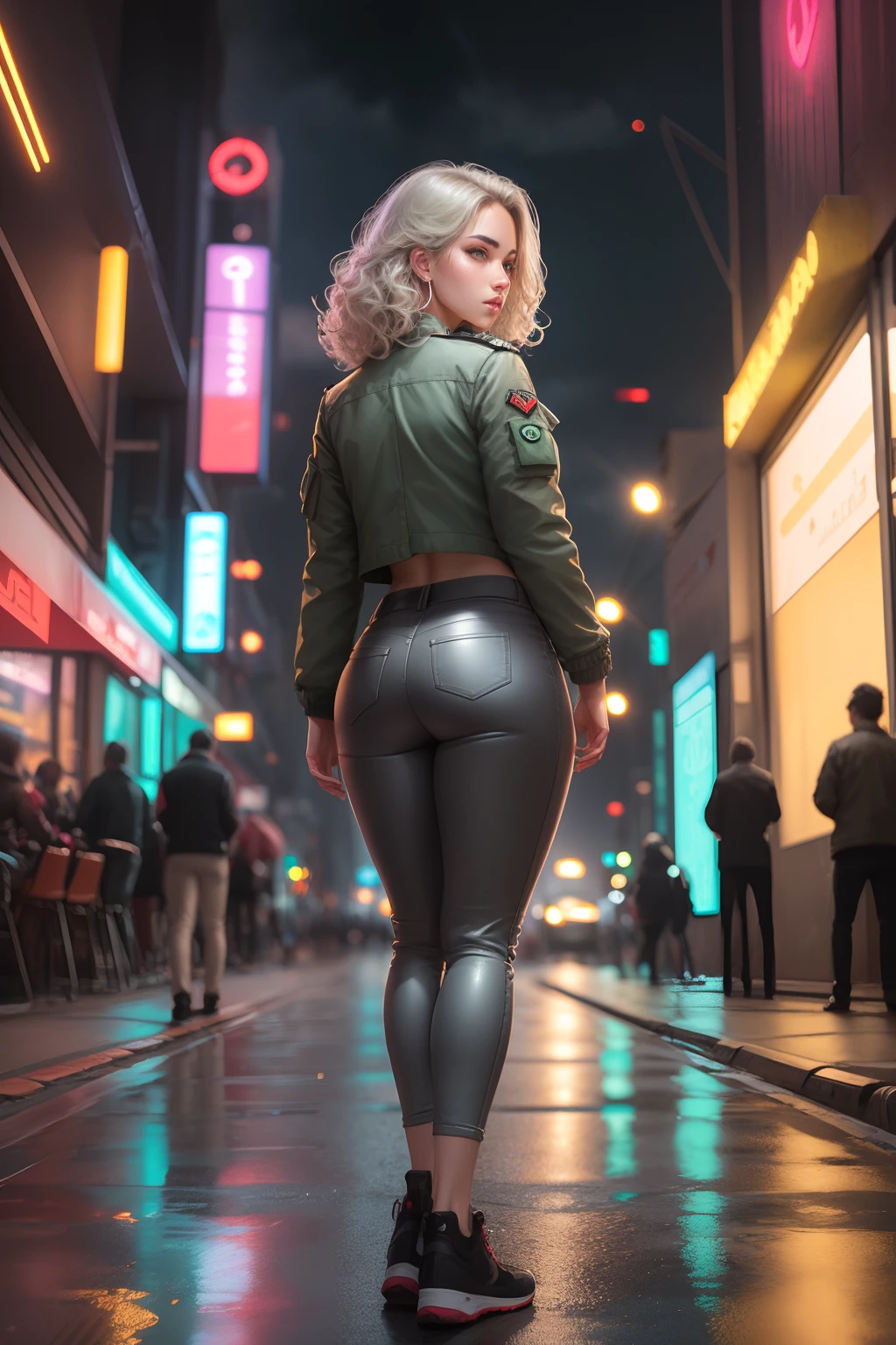 RAW photo, ((1girl)), beautiful young woman, (wearing top is pale green military jacket and white shirt:1.2), (wearing bottom is grey cotton tight skinny pants with pockets:1.2), casual shoes, beautiful blue eyes, cute face with cute cheek, small waist, perfect body, (round hip figure:1.2), (thick puffy hip:1.2), (thick thigh:1.2), nice hands, platinum blonde messy wavy haircut, (do not create wrinkles around hip area in tight pants:1.1), (cityscape:1.1), cyberpunk, neon lights, neon signs, reflection road, night sky, acid cloud, cloudy sky, close-up, looking at viewer, blade runner style, art by greg rutkowski, (back view:1.2), (((full body))), standing, alone, looking at the viewer, (best quality:1.2), (masterpiece:1.2), (realistic:1.1), (detailed:1.2), (sharp-focus:1.2), RAW, best illustration I never seem, (ultrarealistic) 32k, flawless, intricate detailed, UHD, dslr, ultra high quality, eyes detailed, intricate detailed eyes, real skin, realistic skin texture, soft lighting