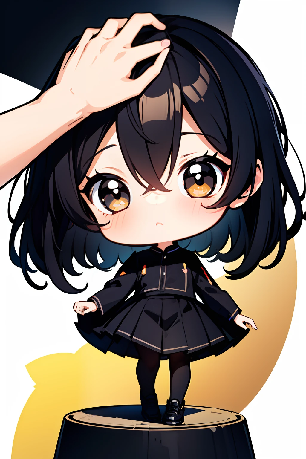 ((Best quality)), ((Masterpiece)),1 girl， animemanga girl，Q version characters，Infant body type，Very short in height，Black color hair，a black skirt，Fierce expression