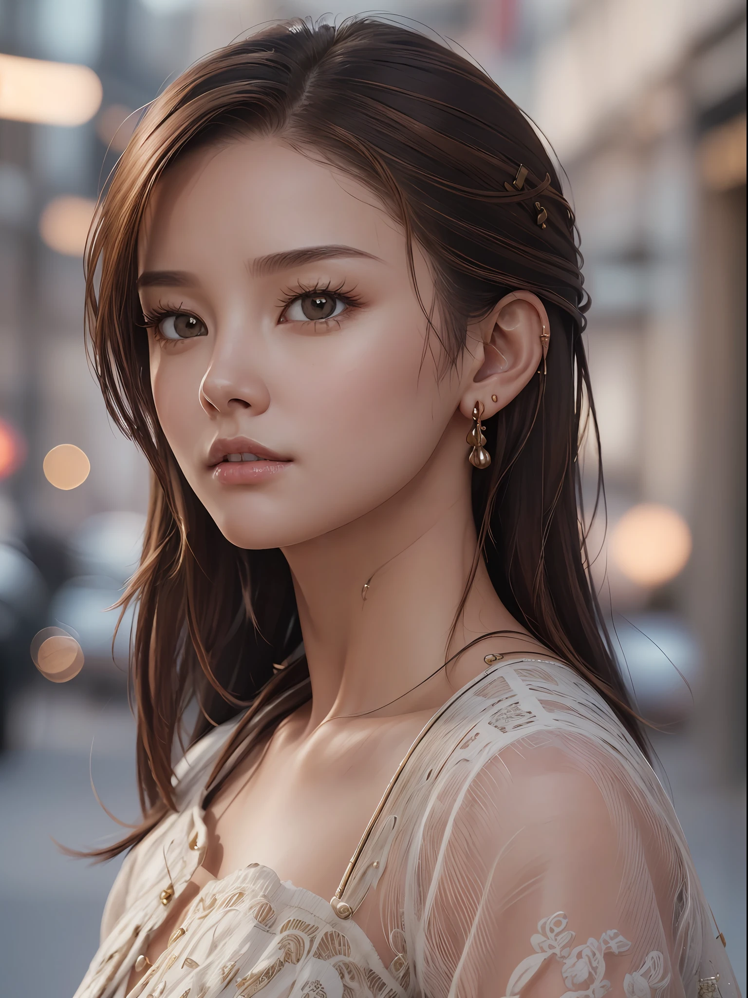 (realistic:1.3), insane detailed, quality, (masterpiece:1.2), (photorealistic:1.2), (best quality), (detailed skin:1.3), (intricate details), ray tracing, ((half body)), (((1girl))), (((1person))), Nicolaca, brown hair, earrings, brown eyes, sideways, (blurred background)