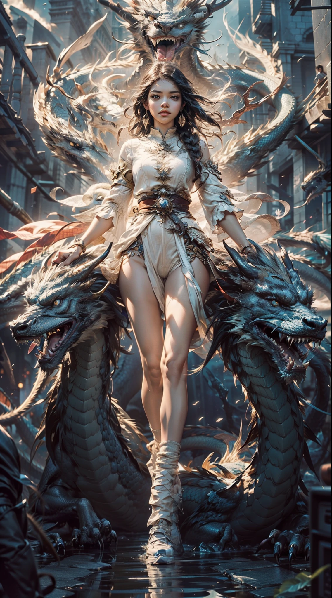 (masutepiece, Best Quality: 1.2), Girl with phoenix wings standing in a ring of fire, with glowing red eyes, phoenix, The lotus flowers, Red gold Pink, Sunrise girl from mountain on background, spreading her wings, wearing a coat of white feathers,,, Wings full of the back, Radiant Hello, long hair flowing, Mechanical wings dancing delicately at the waist, Medium Figure, Sunken navel, curtains of white feathers on the pelvis move slightly,,, Mini wings scattered on the body, multiple wings with a yellow sheen,, Soft yellow fire between the wings.((16 K,Ultra Definition、The highest masterpiece,Best Quality)), maxiskit, dress conservatively 1 girl, 独奏, Full body, wide shoot, Graceful standing, holding sword down, White hair, Long hair, valkyrie, armor, Angel, White bra, side bun, from the front side, extra size body, Night, mont, look at viewr（（Super best quality））， （（A very masterpiece））， （（super detailing：1.4））， （（hyper realistic lifelike 3d））， Dragon Warrior Girl， Mechanical body， Dynamic action poses in battle scenes， Mechanical weapons of very complex and heavy fighters， Off-the-shoulder fashion that blends dense and complex steampunk with dense gothic lolita， Complex steampunk headgear， very thin long legs， Mechanical boots above the knee， Fluttering lace flared mini skirt， beautiful small breasts directed upwards，Slightly long, vertically curly silver hair flutters in the wind，Countless shining large spheres flying around，Many sparks cross and fly，Countless neon signs rained down from magic-evoking gestures，Steampunk Factory，Complex and precise mechanical ruins，Very dark night background，Very dramatic and cinematic lighting。best qualtiy，tmasterpiece，8K，s fractal art，one girls，Long grey hair，Long legs，blackstockings，Sex slaves，Kneeling Pose，