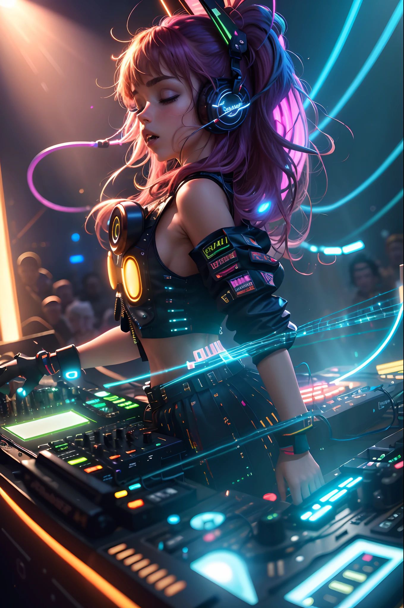 (masterpiece:1.3),(best quality:1.2),8k,absurdres,unity 8k wallpapper,(extremely detailed:1.3),highestres,realistic, blurry background, blurry foreground, 
(1girl:1.2),(headphones:1.1),(neon light:1.1),mechanical headwear,(mechanical wings:1.1),frown,(dynamic pose:1.1),(floating hair:1.2),(DJ:1.2),(psychedelic:1.2),dynamic pose,(electric wire:1.1),(light beam:1.2),half closed eyes,midriff,dim,(music:1.2),cable,god rays,(indoors:1.2),from side,(instrument:0.7),frenzied,passionate,energetic,intense,electrifying,exhilarating,dynamic,thrilling,explosive,rousing,(crowd:1.2),light rays,,neonlight,electric fan, (electricity:1.2), (electronic music:1.1),(sound mixing:1.3),