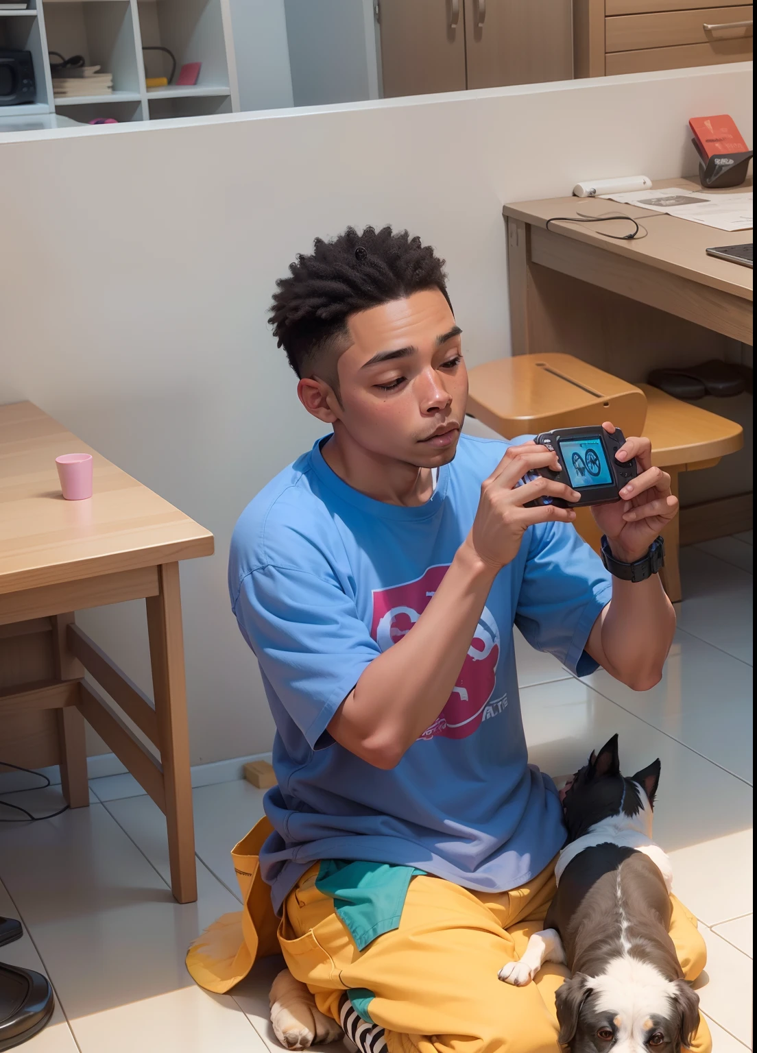 A dog sits playing a game