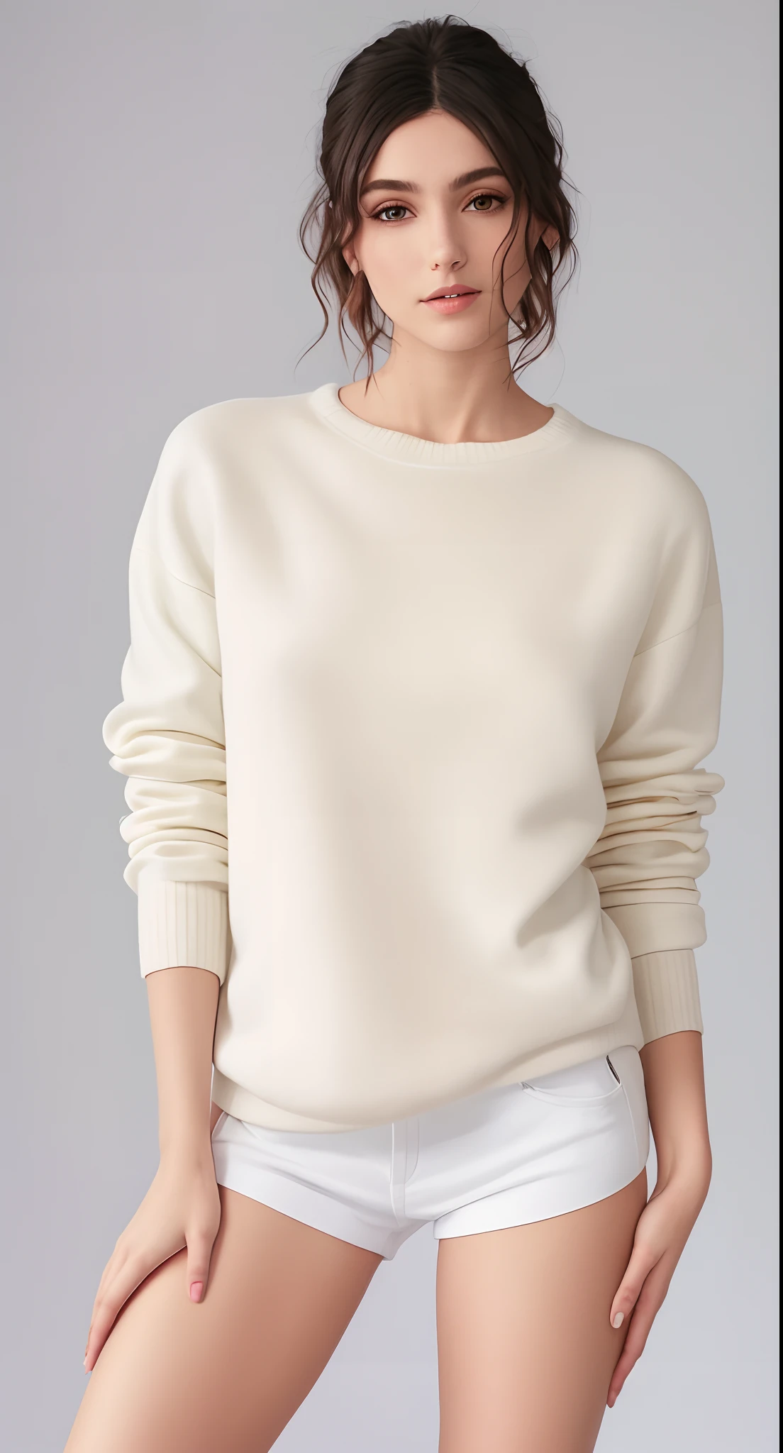 uma mulher linda de camisa branca e bermuda branca posando para uma foto, Capuz Bege, vestindo moletom, white sweater, casual white garment, roupas casuais modernas, mangas compridas, bege, roupas casuais modernas, roupas brancas da moda, roupas brancas da moda, cores bege, wearing casual sweater, vestir camisa bege, wearing a white sweater, Roupas russas brancas, minimal clothing