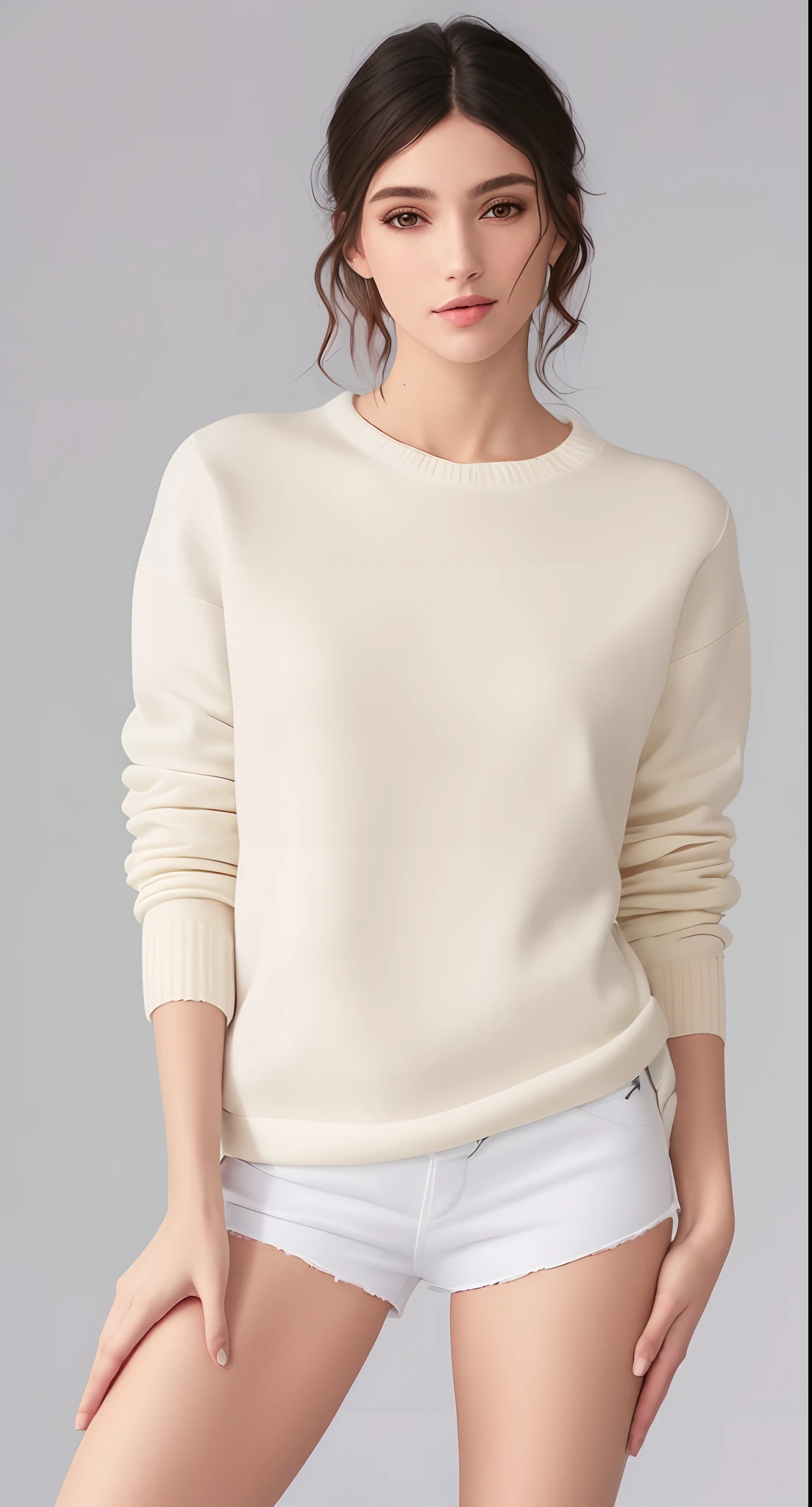 uma mulher linda de camisa branca e bermuda branca posando para uma foto, Capuz Bege, vestindo moletom, white sweater, casual white garment, roupas casuais modernas, mangas compridas, bege, roupas casuais modernas, roupas brancas da moda, roupas brancas da moda, cores bege, wearing casual sweater, vestir camisa bege, wearing a white sweater, Roupas russas brancas, minimal clothing