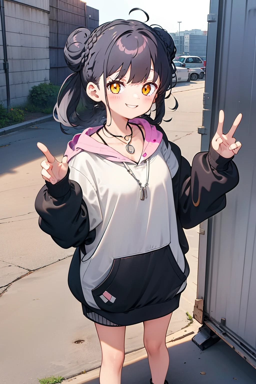 masterpiece, best quality, 1girl, solo, black hair, blunt bangs, (braided buns), twintails, yellow eyes, (black big hoodie), (a knee-length hoodie), ((a silver necklace with pink jewels)), smiling, laughing, waving one's hands to say hello, standing, with one's palm open, (five fingers), a dirt floor, in the port, construction site, (many containers), stacked with lots of containers, in the afternoon, (an evening glow),