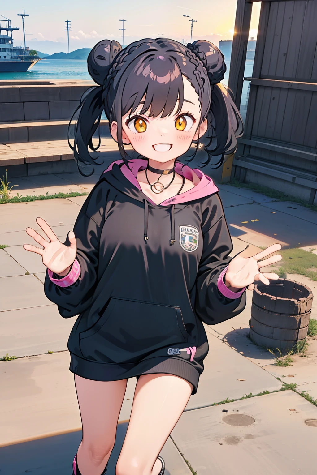 masterpiece, best quality, 1girl, solo, black hair, blunt bangs, (braided buns), twintails, yellow eyes, (black big hoodie), (a knee-length hoodie), ((a necklace with pink jewels)), smiling, laughing, waving one's hands to say hello, standing, with one's palm open, (five fingers), a dirt floor, in the port, construction site, (many containers), stacked with lots of containers, in the afternoon, (an evening glow)