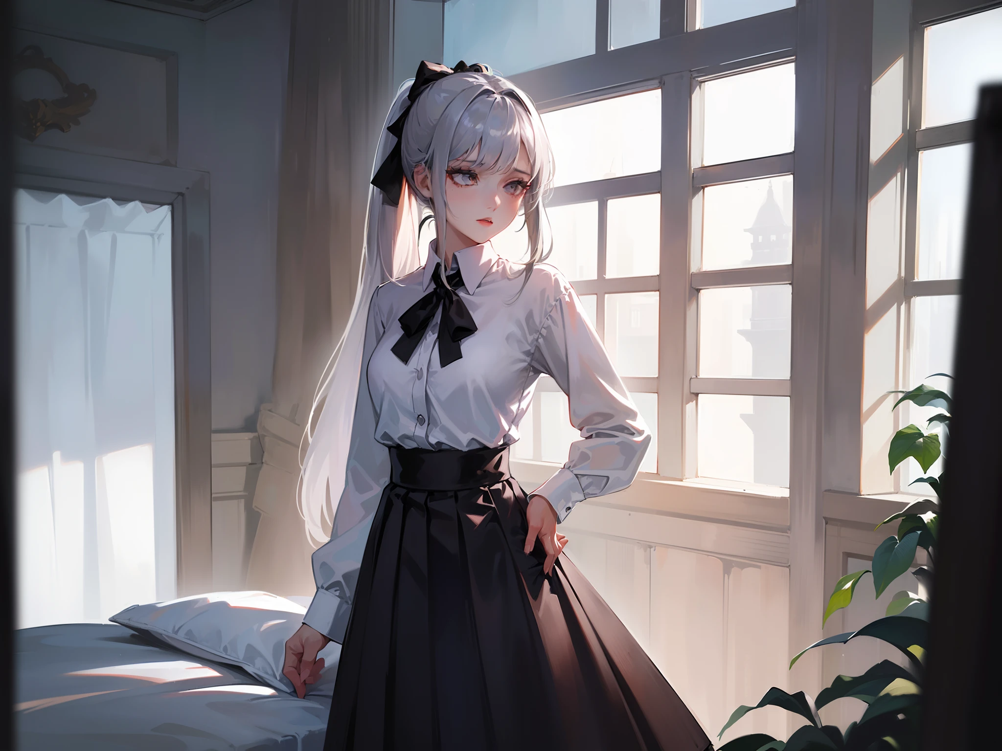 (((1 girl)),Ray tracing,(Dim lighting),[Detailed background (Bedroom)),((Silver hair)),((Silver hair)),(Fluffy silver hair, plump and slender girl))) with high ponytail))) Avoid golden eyes in the ominous bedroom ((((Girl wears a white shirt, Black pleated S...