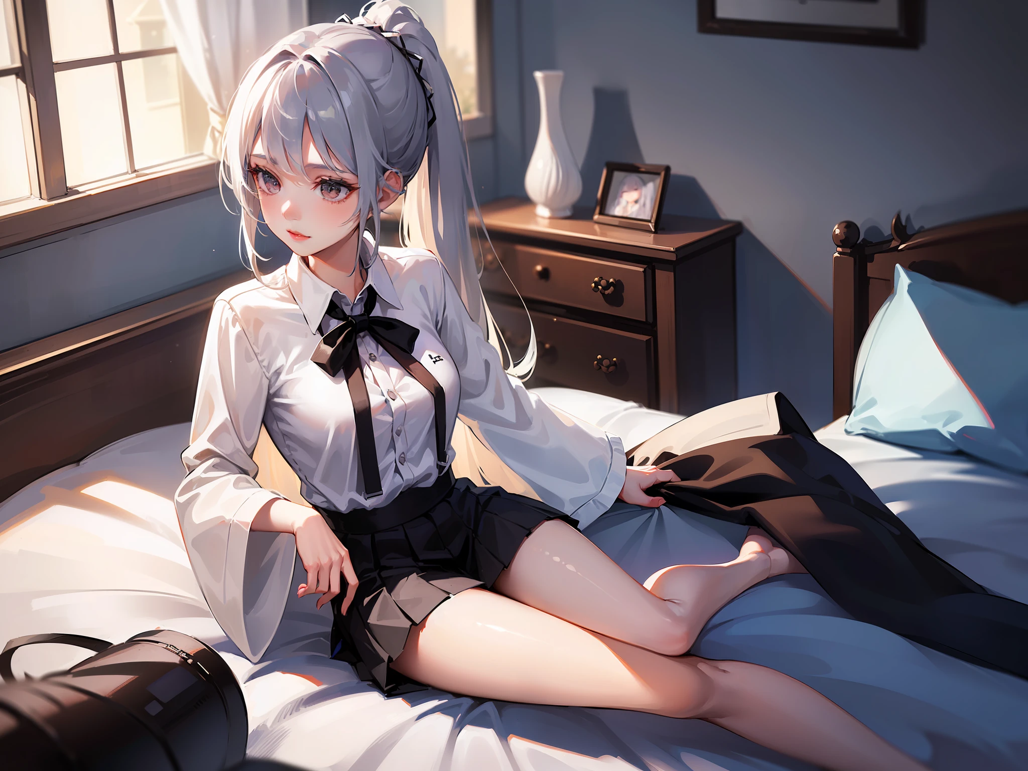 (((1 girl)),Ray tracing,(Dim lighting),[Detailed background (Bedroom)),((Silver hair)),((Silver hair)),(Fluffy silver hair, plump and slender girl))) with high ponytail))) Avoid golden eyes in the ominous bedroom ((((Girl wears a white shirt, Black pleated S...