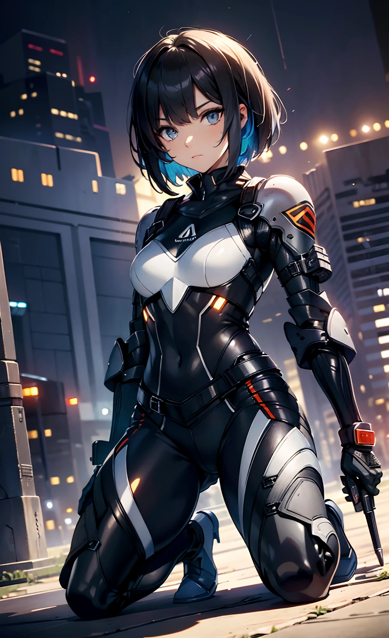 best qualityer，tmasterpiece，Ultimate resolution，downy，Extremely colorful，Colorful，Women combatants，（Kneeling pose）a matural female，Black super short hair，Tight combat suit，tightsuit，Steel City background，the night，Normal posture，Normal posture