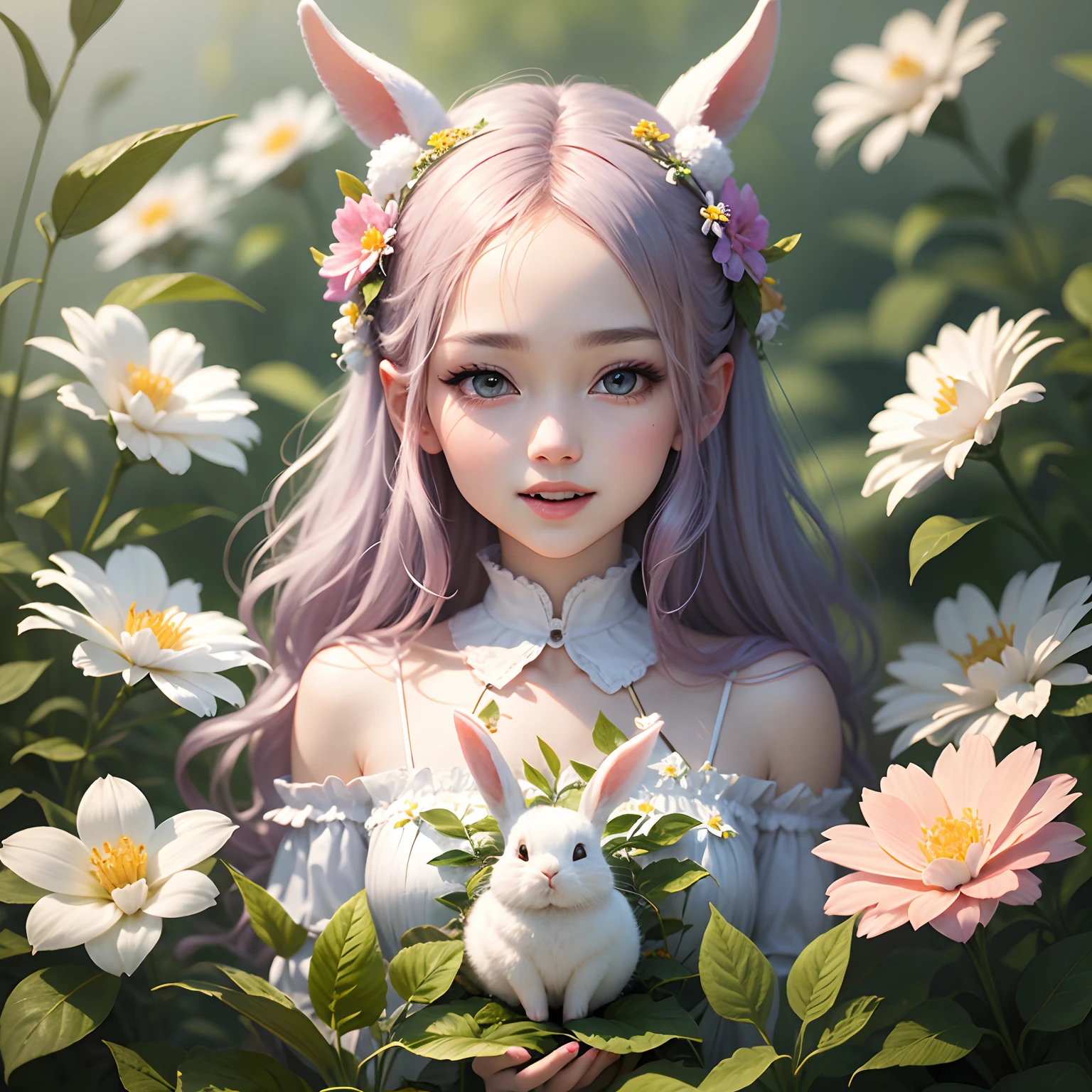 Fairy with very beautiful face, Vivid and bright colors, Full of joy, Very delicate, Very dense, Surrounded by many flowers, 8K,Raise a cute white rabbit with both hands,Live wallpaper