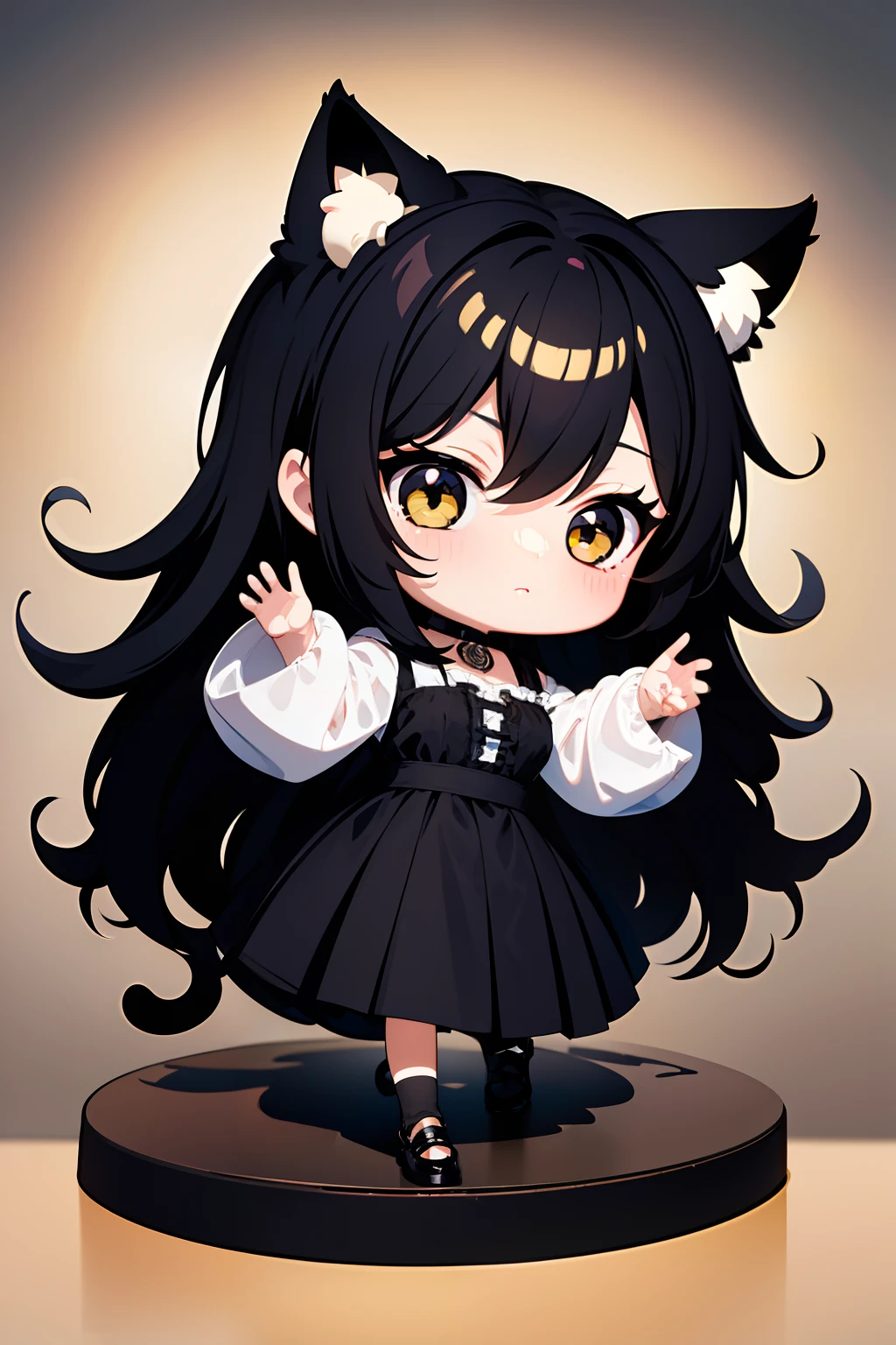 ((Best quality)), ((Masterpiece)),1 girl， animemanga girl，Q version characters，Infant body type，Very short in height，Black color hair，a black skirt，Cat ears，Fierce expression