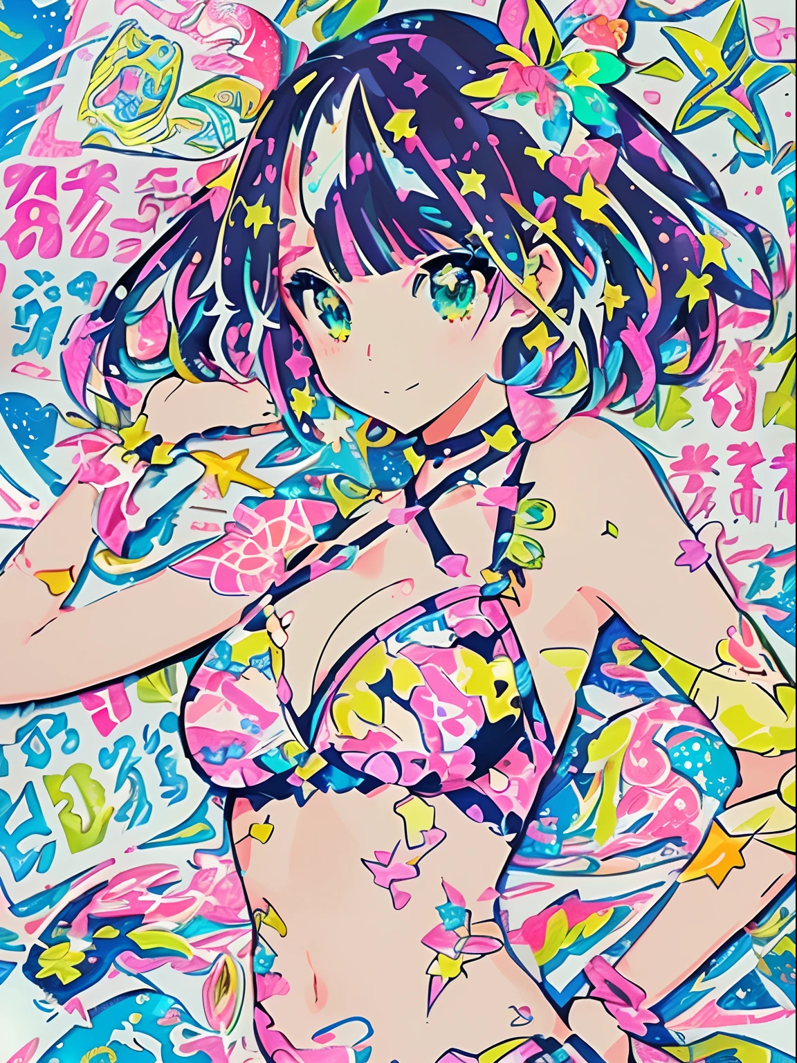 Anime girl in bikini with stars and stars on her head, decora inspired illustrations, official artwork, anime style illustration, anime style 4 k, anime graphic illustration, beautiful anime art style, anime moe art style, digital art in anime style, Cute art style, beautiful anime artwork, Anime Art Style, anime art style, digital anime illustration, anime vibes