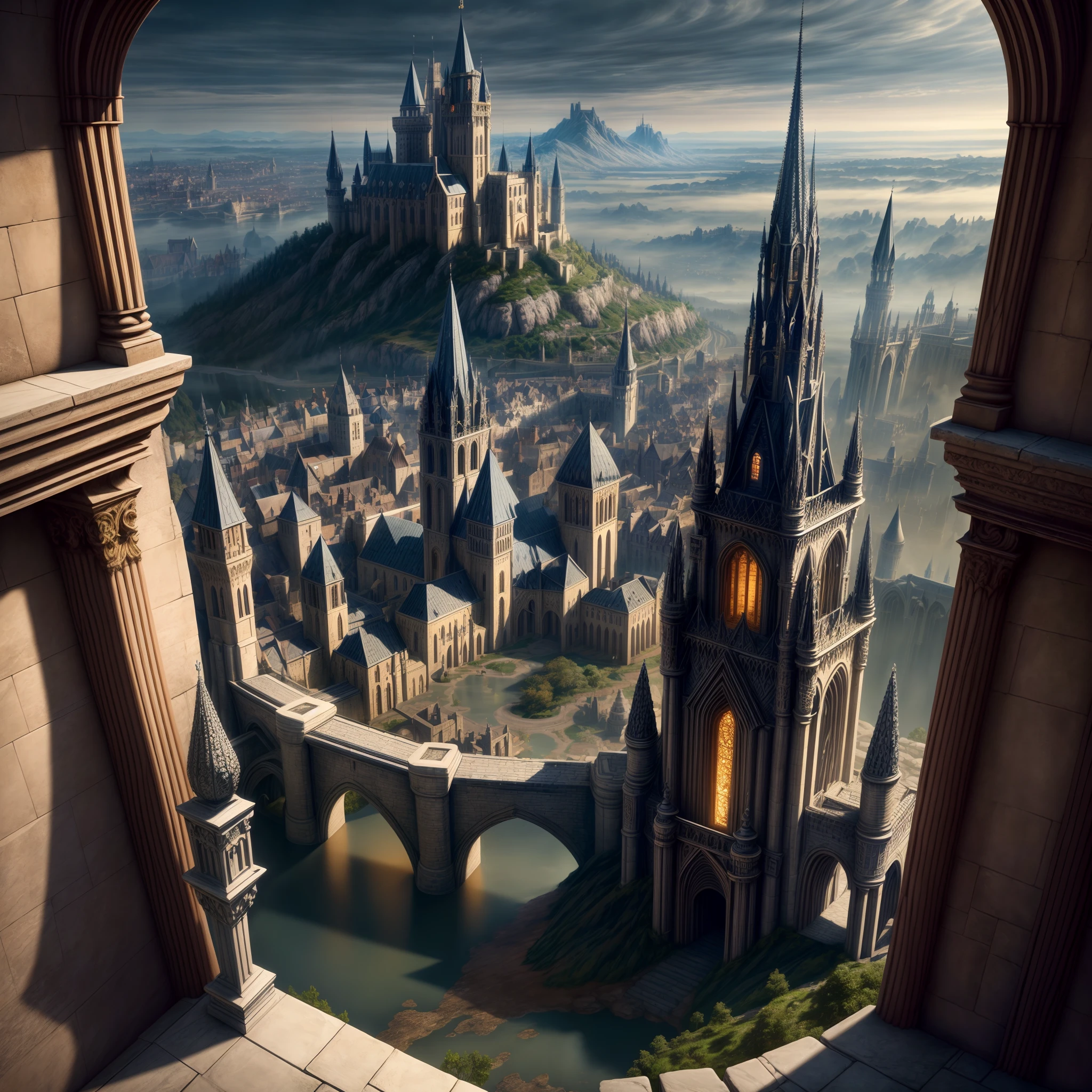 wide - angle shot, overlooking, a fantasy medieval city ,Detailed and complex background, ultra realistic, high resolution, hyper HD,, reflective light, structurally correct, Award-Awarded, high detail, lighten shade contrast, cinematic lighting, masterpiece, super detailing, high quality, high detail, best quality, 16k,High contrast,