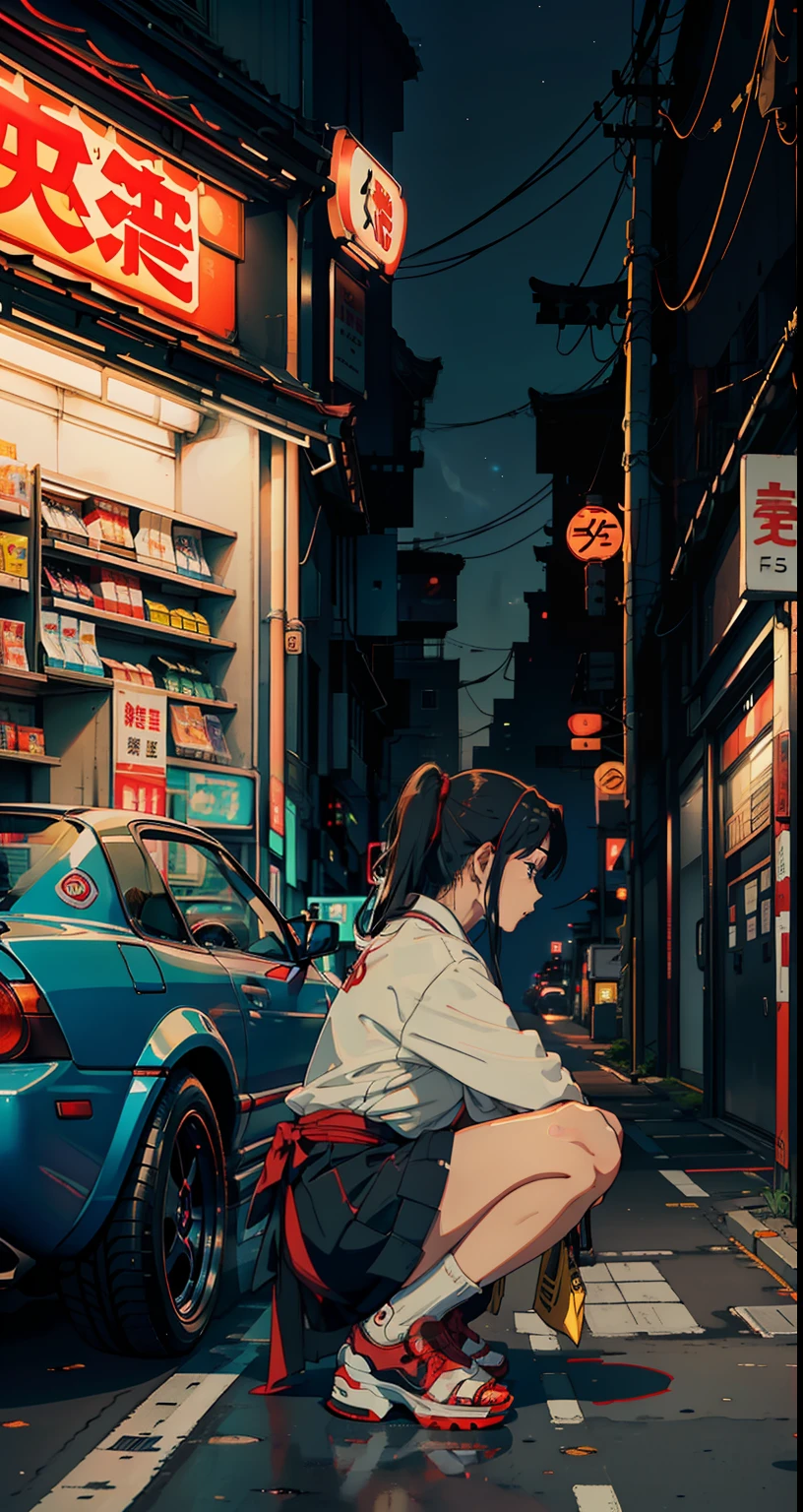 (Japanese convenience store), solo, ((1 girl)), ((crouching)), (crouched), beside a 1990 Mazda MX5, (3/4 full body side profile), ((car)), JDM, BMW E30, Honda NSX, Toyota AE86, night time, starry, cyberpunk art style, sidewalk, vibrant, beautifully detailed, best quality, (highly detailed), wallpaper