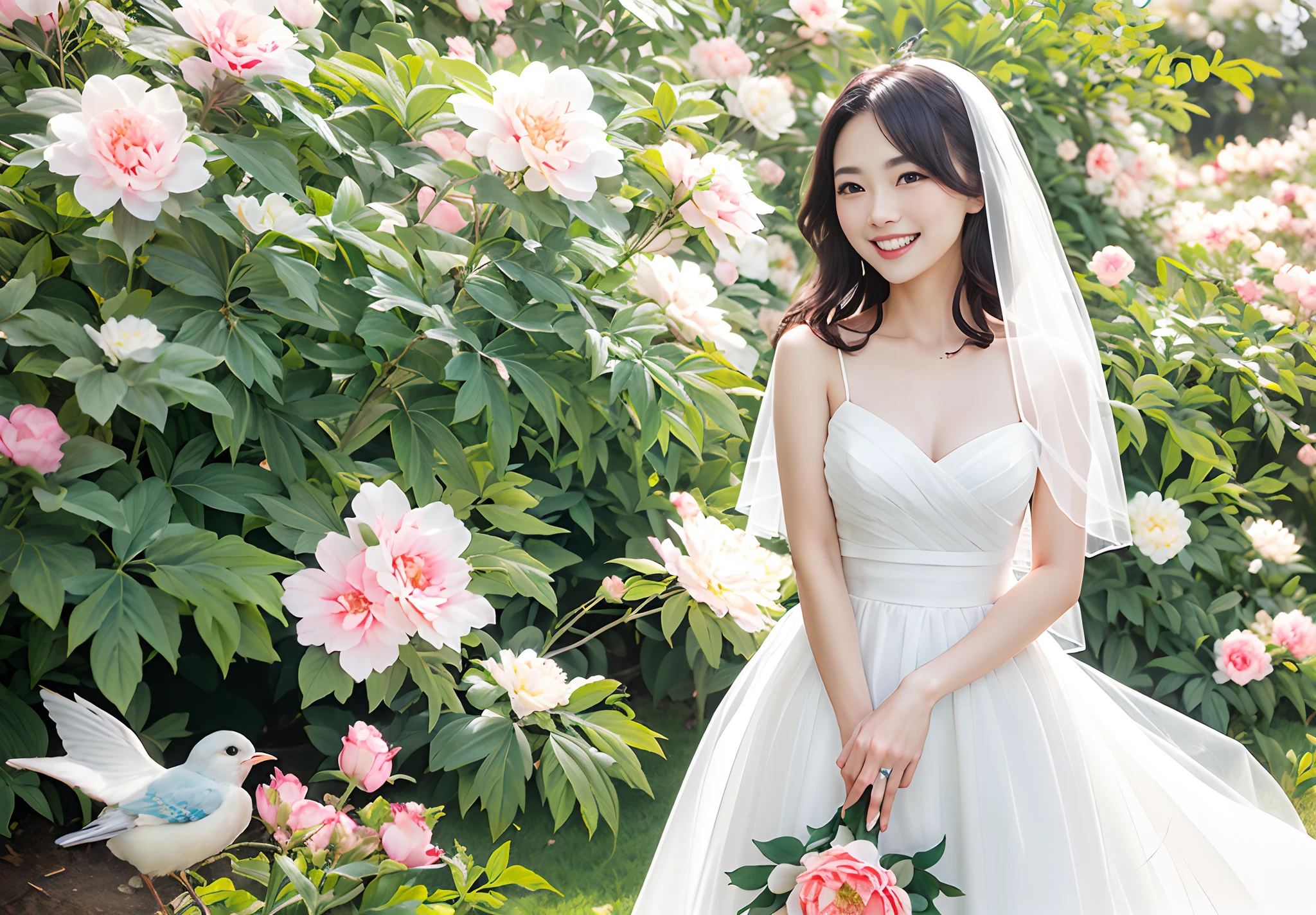 gongbi:1.3、a bird、florals、The tree、Grassy、the wind、8k wallpaper:1、Woman in wedding dress、A smile、Hair is shaking