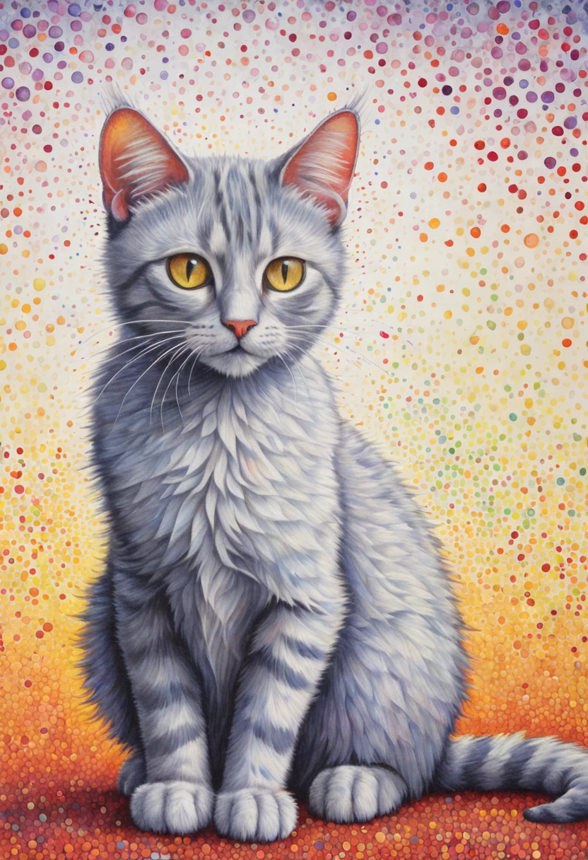 a cat ::style pointillism style, composed entirely of small, distinct dots of color, vibrant, highly detailed ::n_style anime, photorealistic, 35mm film, deformed, glitch, low contrast, noisy ::seed 100