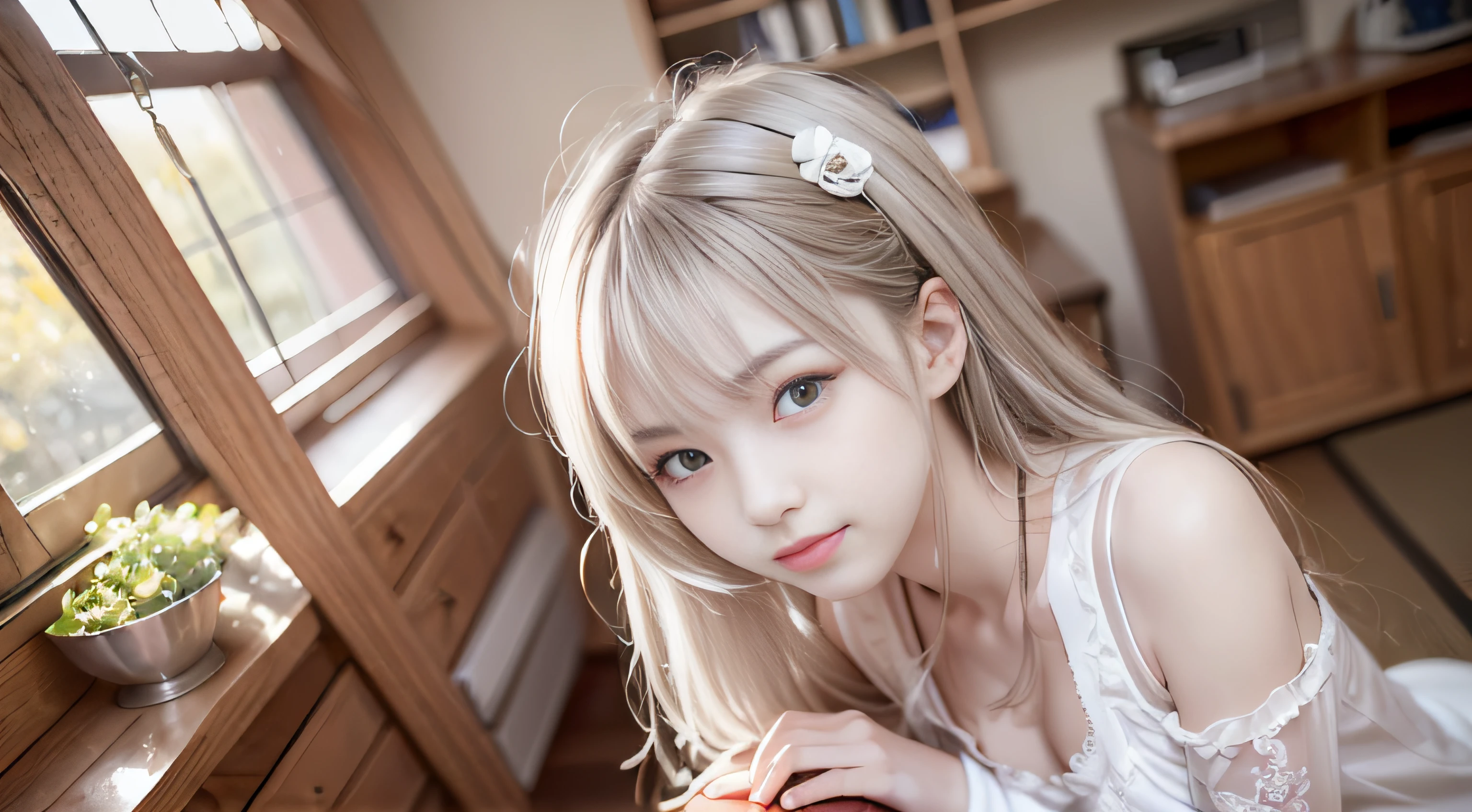 top-quality、​masterpiece、超A high resolution、(Photorealsitic:1.4)、1girl in、Shoulder、enticing、looking in camera、smil,white  hair、D Cup、Healthy skin、Delicate skin、hi-school girl、japanese hight school uniform、