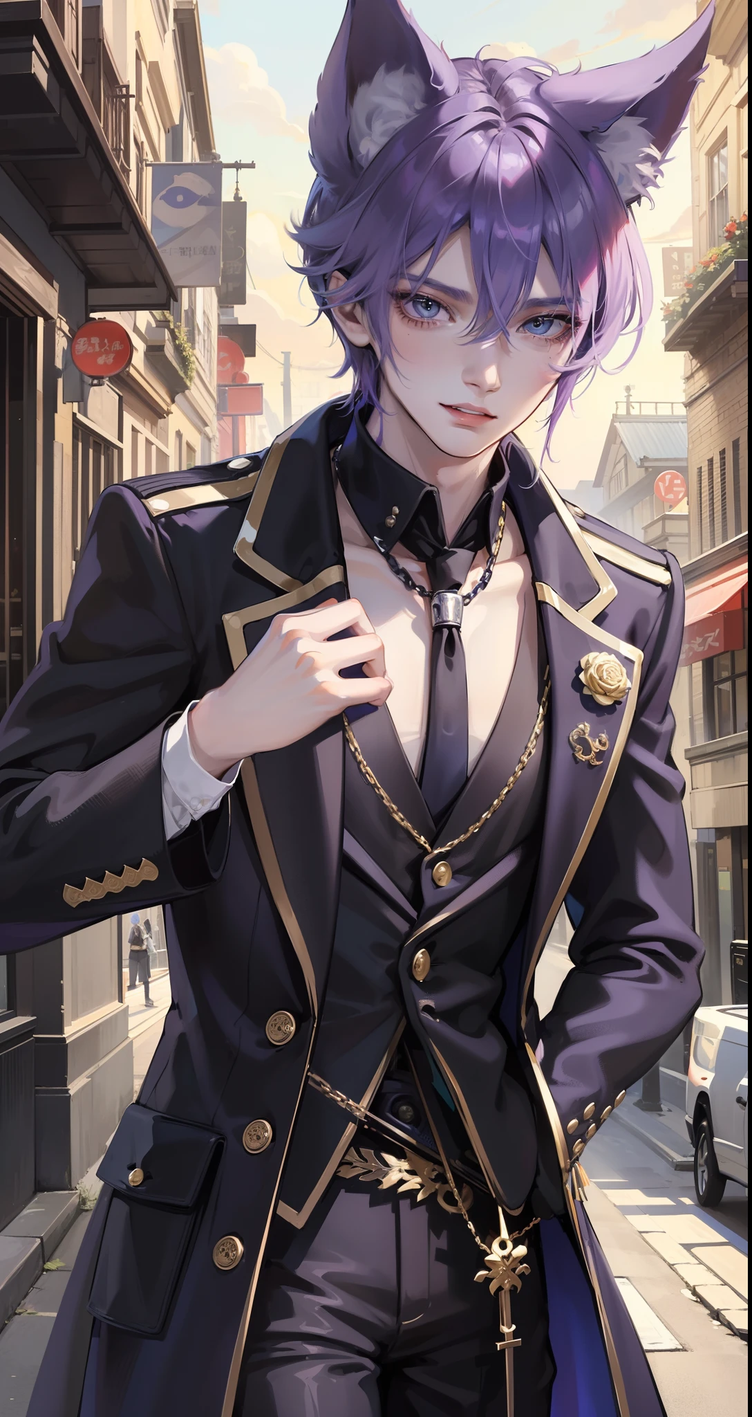 masterpiece, top-quality, 2Others, Male couple, 1 man and 1,, Adults, Height difference, different fashion, different color, finely eye and detailed face, intricate detailes, Black Butler Fashion, Modern urban streets, A smile, Happiness, tenderness, queers, Boys Love, high-level image quality、 Two beautiful men、tall、The upper part of the body、nightfall、nighttime scene、𝓡𝓸𝓶𝓪𝓷𝓽𝓲𝓬、Korean Male, k pop, Professional Photos, Vampires, Fedoman with necklace, inspired by Sim Sa-jeong, androgynous vampire, :9 detailed face: 8, extra detailed face, detailed punk hair, ((eyes are brown)) baggy eyes, Seductive. Highly detailed, semi realistic anime, Vampire deacon, hyperrealistic teen, delicate androgynous prince, imvu, short hair above the ears, Man with short hair, With a man with bright purple hair with a wild expression, Man with light blue hair with gentle expression, With a man with bright purple hair beast ears, Man with light blue hair and beast ears, Two males with animal ears