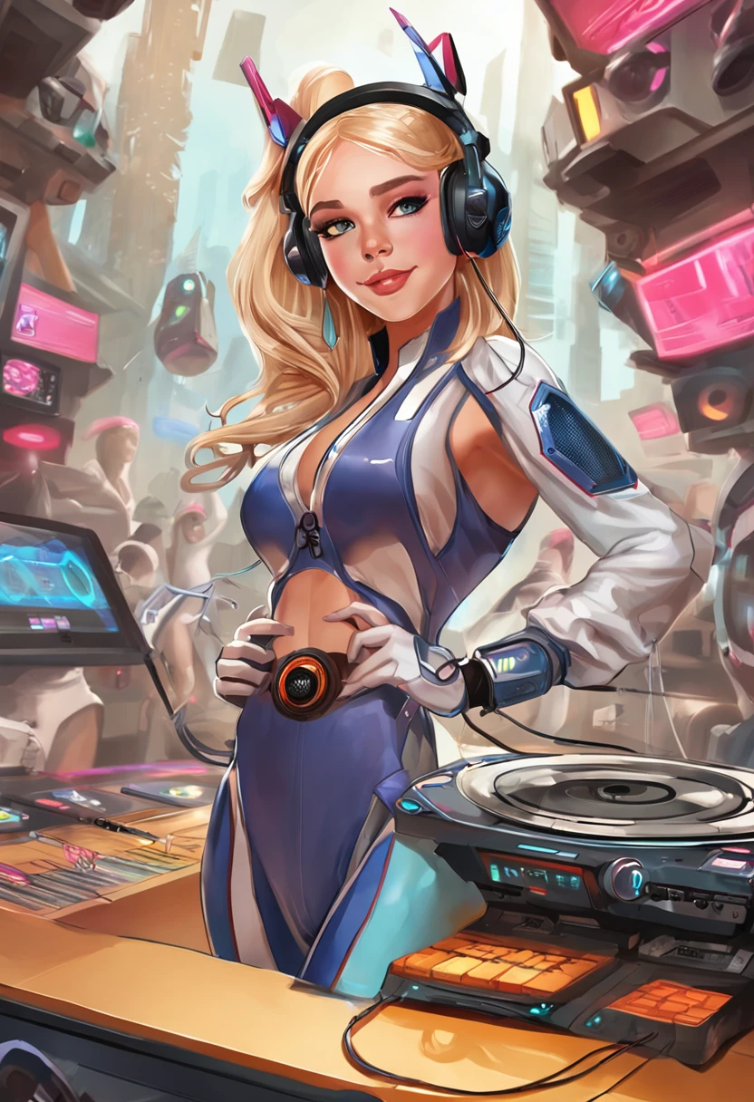 ((Masterpiece:1.3)), ((Best quality:1.3)), ((Supergianthugebreasts_Detailed:1.3)), girl, DJ, cyber punk perssonage, Rainbow, tightsuit, Headsets, looking at viewert, realisticlying, skin textures, 3D, C4D, unreal-engine,Vinyl record player、Sci-fi DJ station、Upper body shooting、Look at the crowd、cybernetically enhanced,Meticulous futuristic stage table,Futuristic clothing,Double-sided hearing headphones,Rosotto has,Laugh excitedly,The body sways to the music,dynamic viewing angle, In this extraordinary visual composition, A young female DJ takes center stage, Futuristic sci-fi DJ wearing vinyl record player on table. The focus is on her upper body, When she looked out into the crowd with energetic energy. Cybernetic enhancements adorn the highly detailed futuristic stage table, Add a touch of technical sophistication to the scene. The DJ himself wears futuristic costumes, Reflects the cutting-edge nature of her musical style. She wears double-sided hearing headphones, Let her fully immerse herself in the music. She wears a Rosotto hat on her head, Add a playful and stylish touch to her look. She was captured in moments of excitement, Laughing,Shake your body to the beat of the music. The dynamic perspective adds a sense of movement and energy in the composition