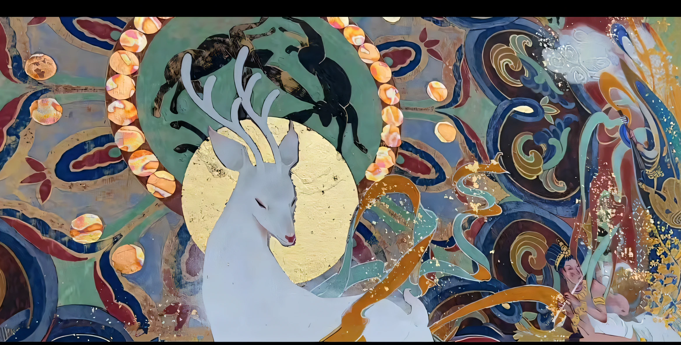 There is a painting of a deer，There is a gold crown on it, gold leaf painting, inspired by Yoshio Markino, inspired by Tani Bunchō, inspired by Kaigetsudō Anchi, inspired by Sōami, Inspired by Simone Martini, cloisonne, inspired by Kaigetsudō Ando, Inspired by Leo and Diane Dillon