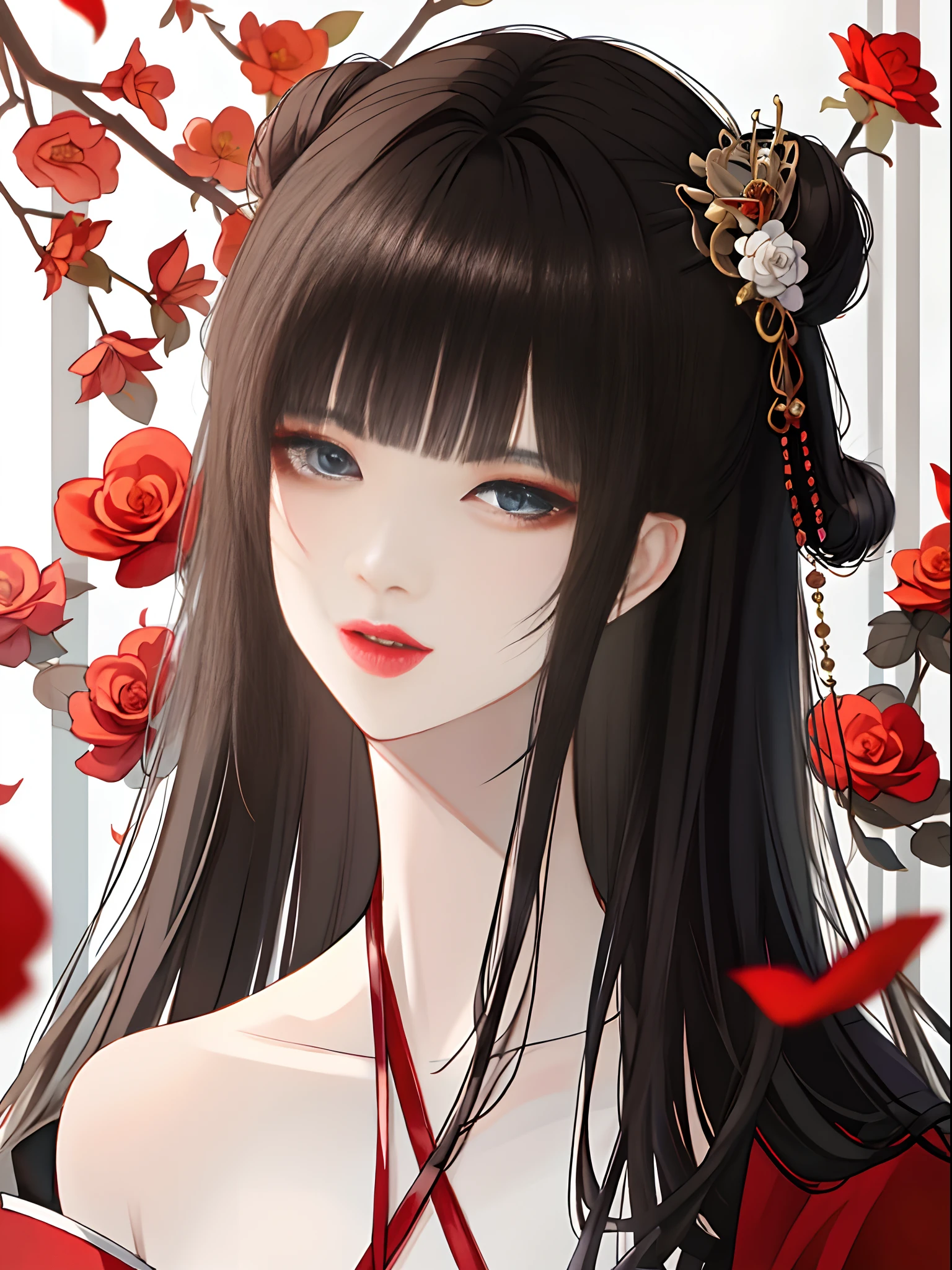 masterpiece,best quality,absurdres,original,extremely delicate and beautiful,beautiful detailed eyes and face,1girl, black hair, flower, japanese clothes, looking at viewer, red flower, solo, (shiny skin),(masterpiece:1.4),(best quality:1.4),realistic