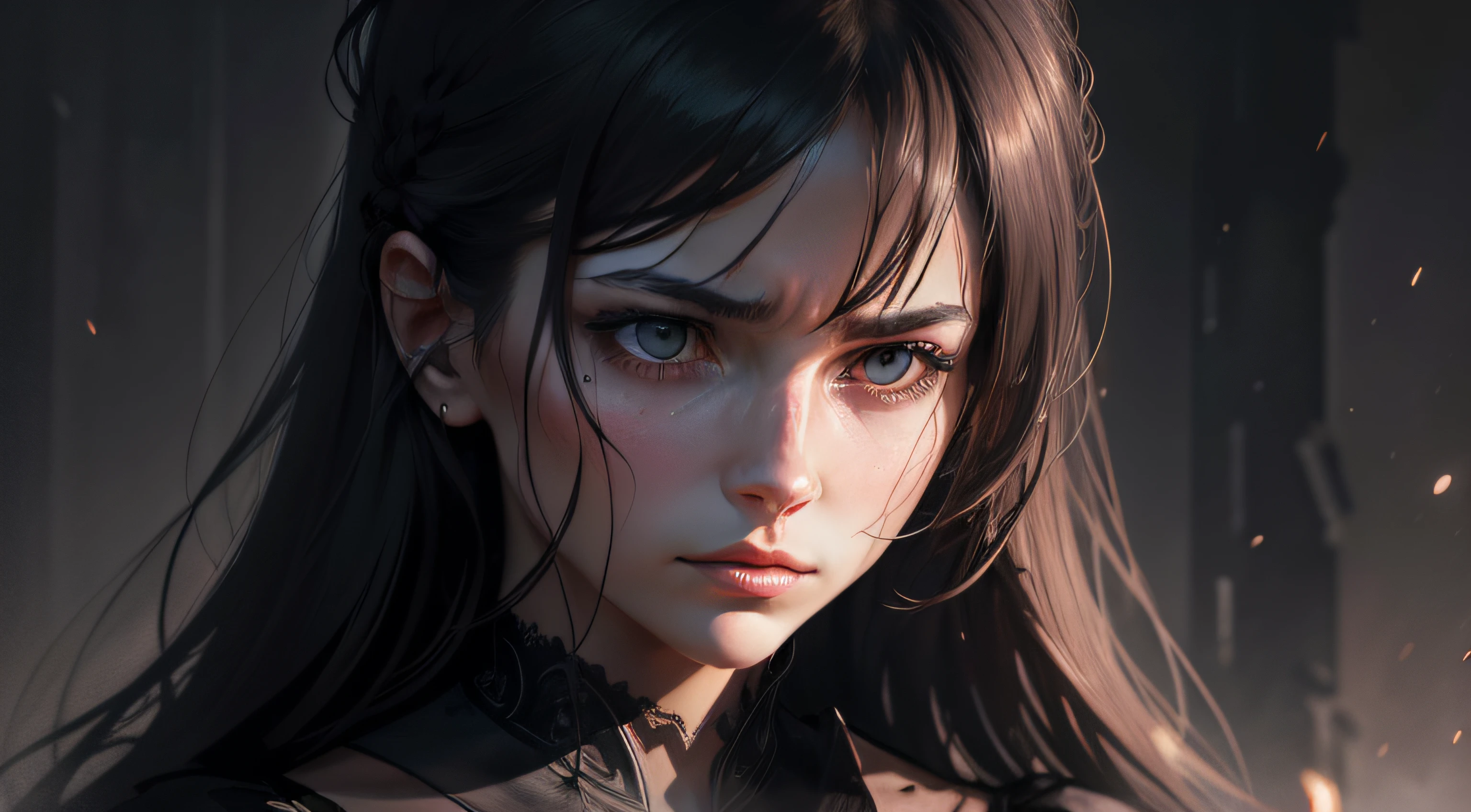 An illustration of a highly realistic female figure with a serious expression, surrounded by a dark and atmospheric environment. The figure can be schematic, with traits that indicate sadness and introspection. The dark setting may contain symbolic elements of difficulties and challenges. The illustration should evoke a sense of emotional depth – ralist – ultra realistic – full face in the image – no background
