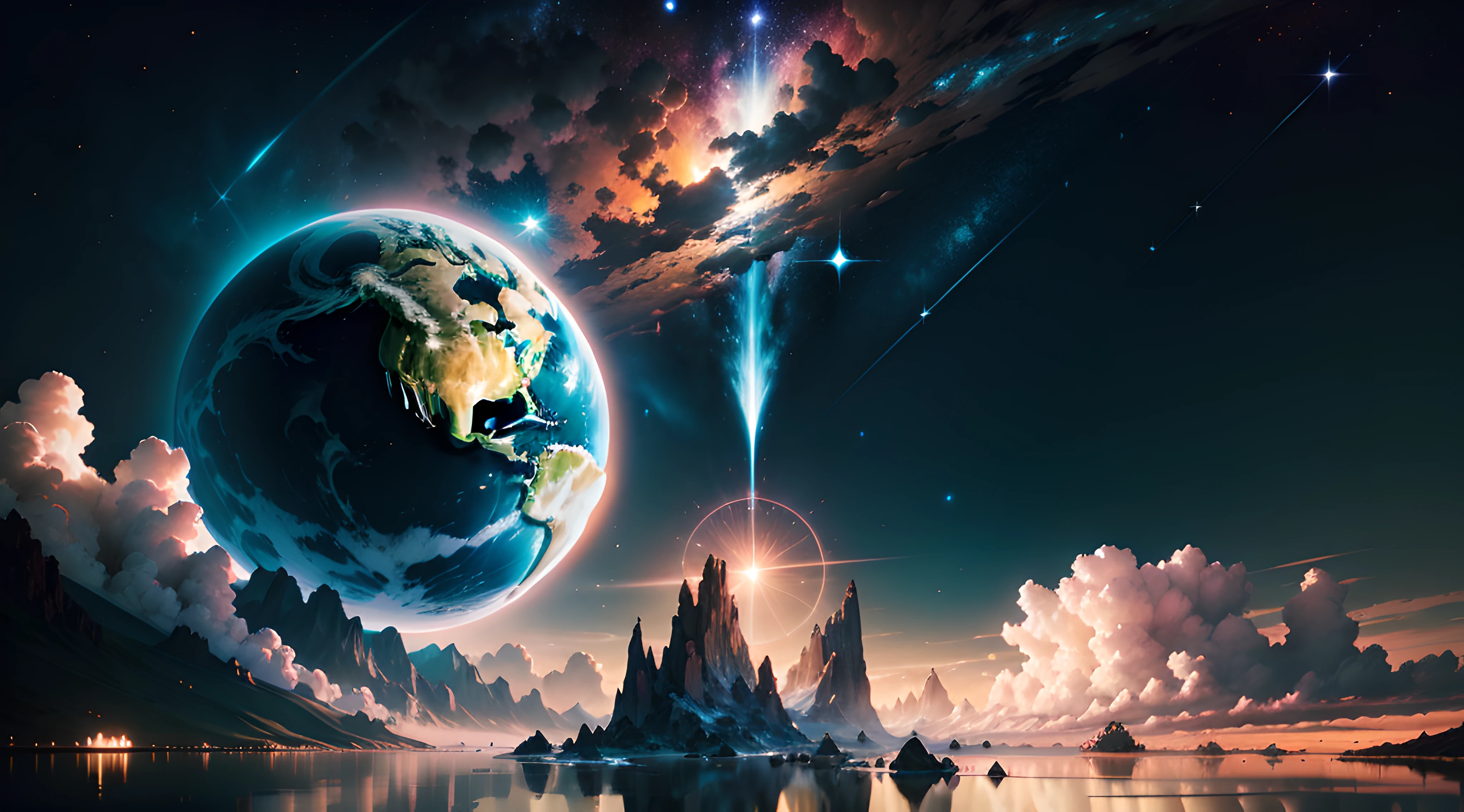 Create an image that depicts a breathtaking surrealist planet. Nesse planeta, The heavens are adorned with a multitude of stars, creating a breathtaking view that harks back to the wonder of the universe.
The image seeks to achieve the status of a masterpiece, e para isso, o realismo deve ser o foco central. Cada detalhe deve ser minuciosamente trabalhado, from the lighting and the detailed shadows that give depth to the scene, even the meticulously represented reflections that enrich the composition.
As cores devem ser vivas e ricas, destacando a beleza surreal do planeta. A faint glow must be applied to evoke a sense of magic and enchantment. The sky should be adorned by magnificent clouds that give dynamism to the scene.
The representation of the stars in the sky is essential to create the desired spectacular view. Cada astro deve ser meticulosamente renderizado, contribuindo para a atmosfera celestial da imagem. The symmetry and depth in the composition must be explored to create a captivating visual effect.
It is recommended to use advanced rendering techniques to achieve an impressive level of realism. Texturas detalhadas devem ser empregadas para enriquecer cada elemento da imagem