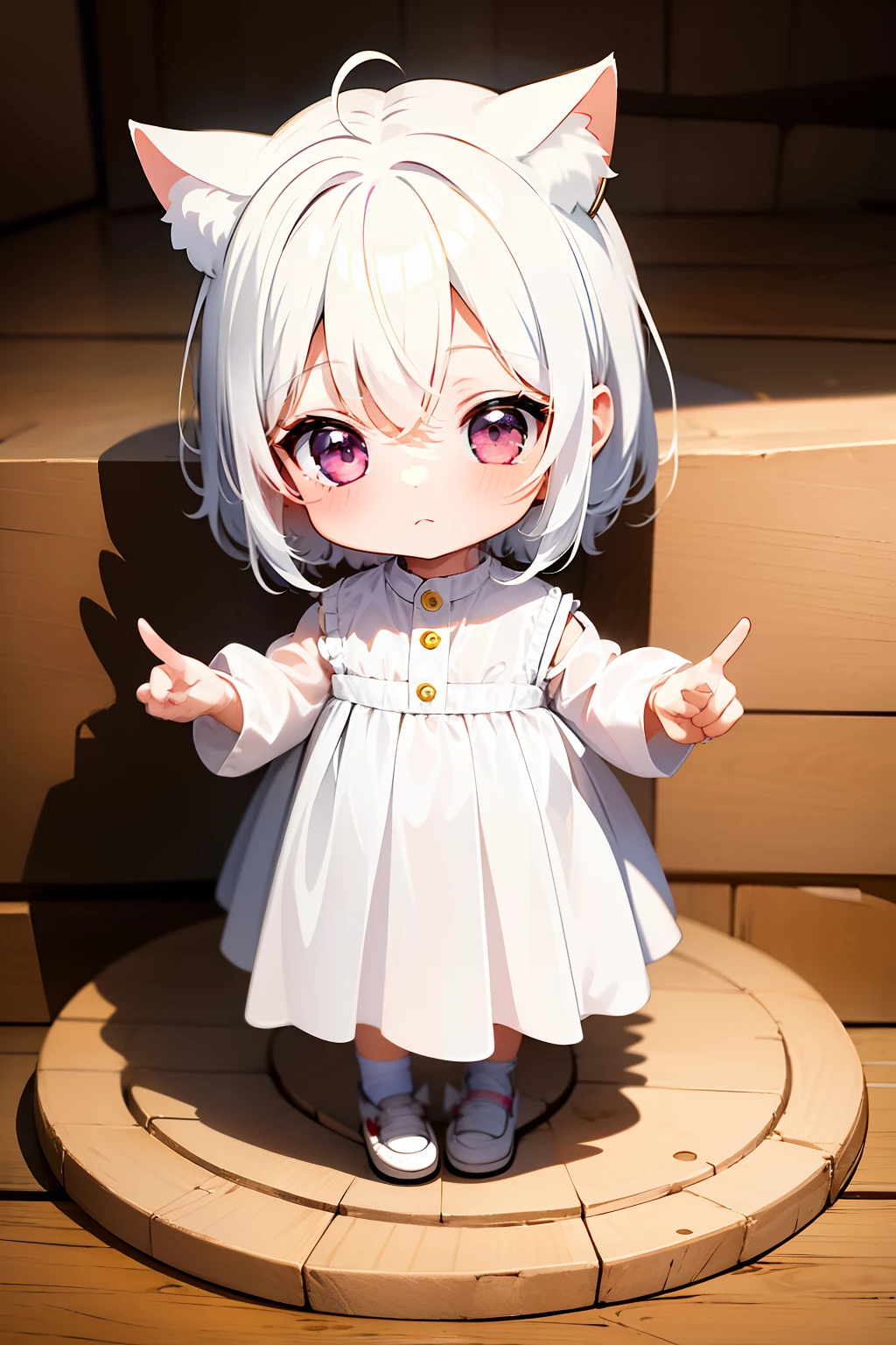 ((Best quality)), ((Masterpiece)),1 girl， animemanga girl，Q version characters，Infant body type，Very short in height，White color hair，white  skirt，Cat ears，Fierce expression