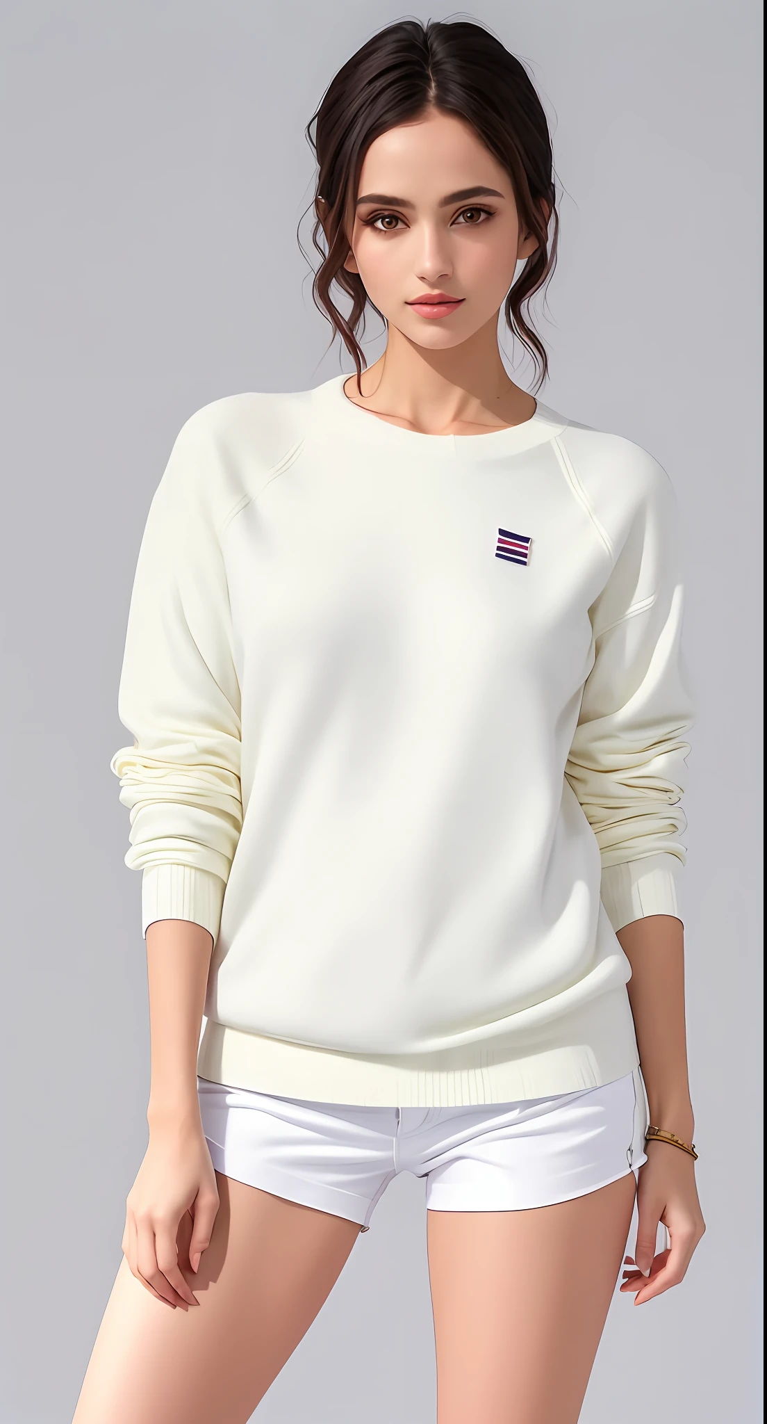 uma mulher linda de camisa branca e bermuda branca posando para uma foto, Capuz Bege, vestindo moletom, white sweater, casual white garment, roupas casuais modernas, Mangas compridas, BEGE, roupas casuais modernas, roupas brancas da moda, roupas brancas da moda, cores BEGE, wearing casual sweater, vestir camisa BEGE, wearing a white sweater, Roupas russas brancas, minimal clothing