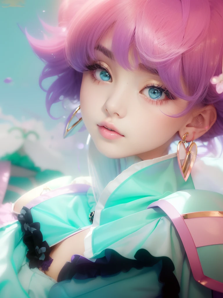 White shoulder pads、(Raised eyebrows)、Purple drooping sexy eyes、Sexy lips in dark pink color、Mint green long-sleeved clothes、purple drooping eyes with arched eyebrows and pink short splashed hair,,,,,,、、Blue bustier and black lace、Gold Earrings、Girl in mint green clothes with open chest