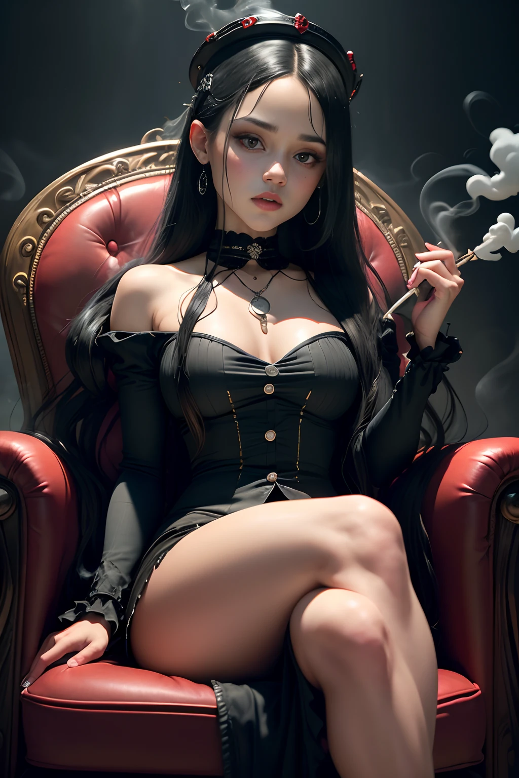 (cbzbb:1.25),sexzy wednesday as Jenna Ortega, The Addams Family, smoking cigrattee,full body view, very horror background.1female, 8k, hdr effect,glory goddess sitting in sexzy bloody queen horror chair,