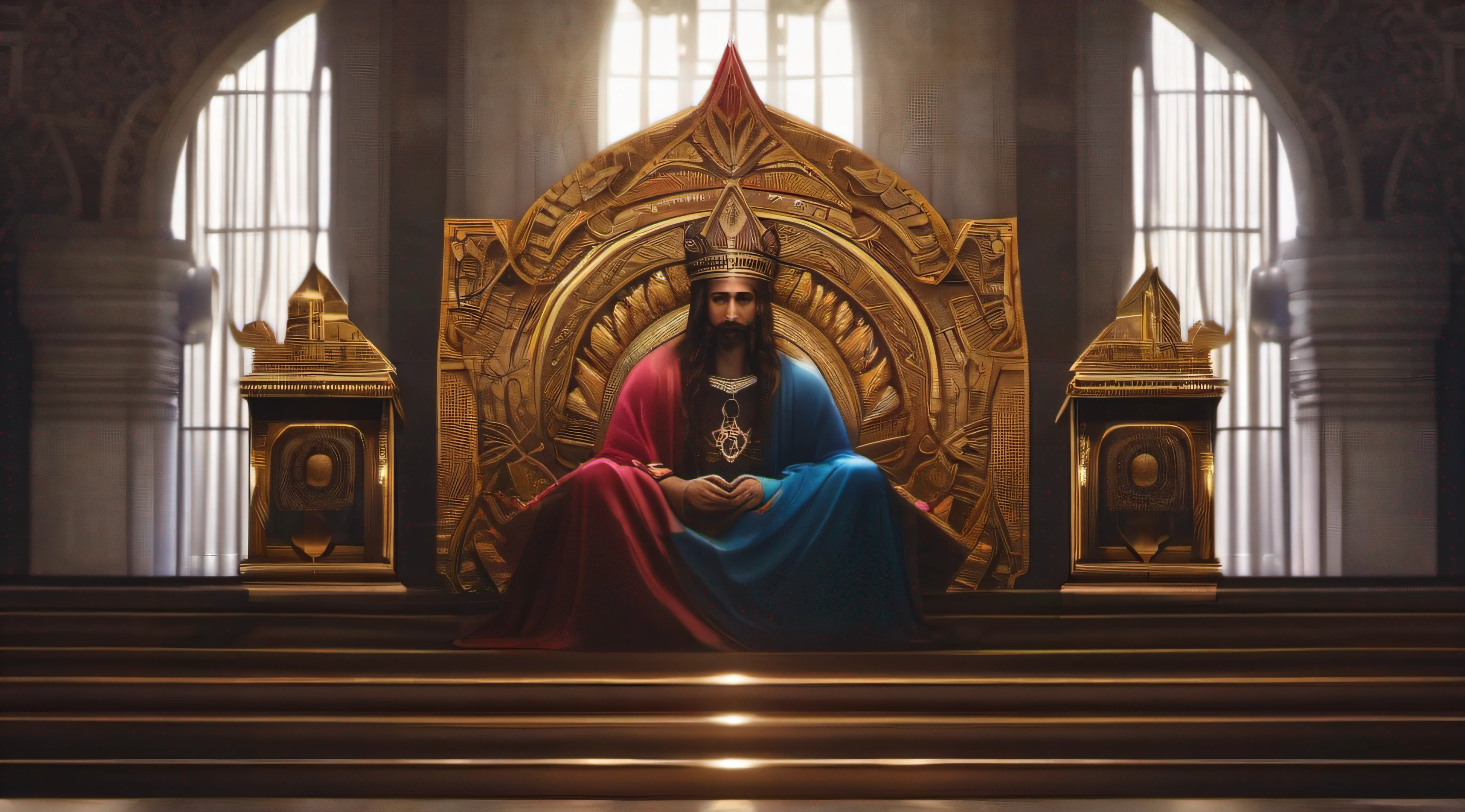 O rei sentado no trono, symbolizing divine authority and justice;, realista, 16 k