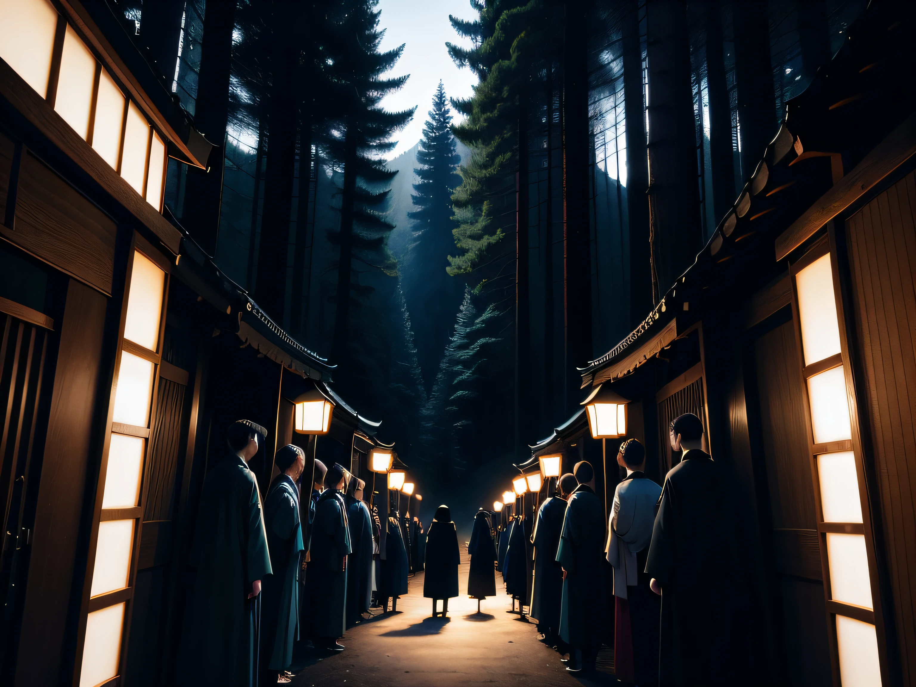 Procession of people in black kimonos in the forest at night、Overall color：Blue-dark