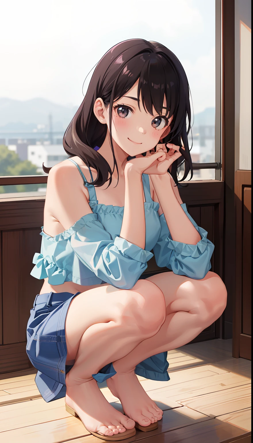 1girl in、A smile、Underwear、Cute underwear、Upper body portrait、Squatting panchira、