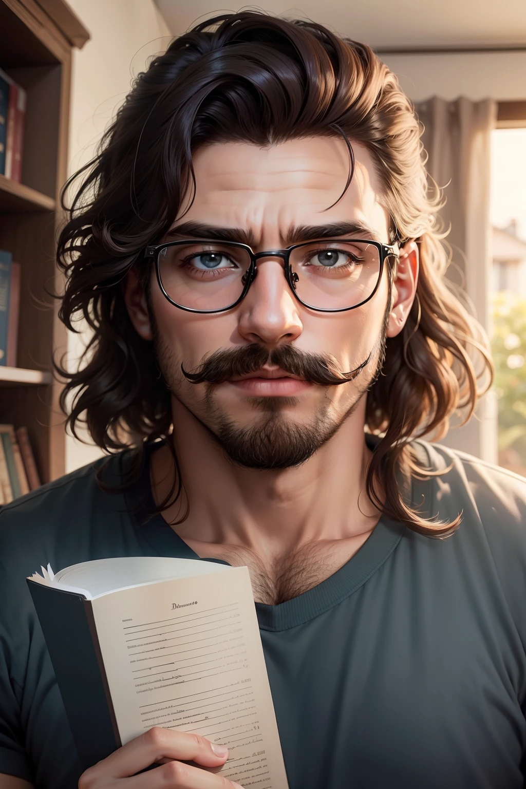 /imagine homem 22 anos cabelo baixo,bigode de italiano,sem barba e cavanhaque,pele branca,usando oculos,lendo a biblia