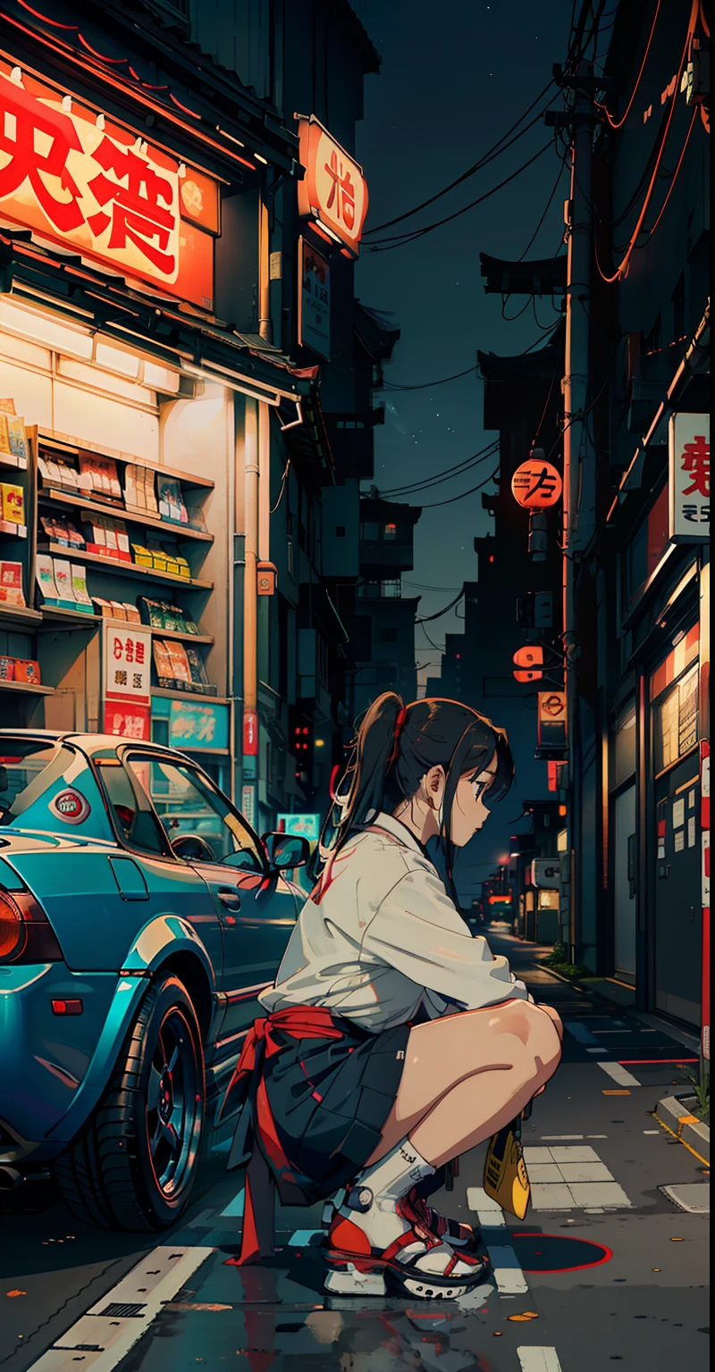 (Japanese convenience store), solo, ((1 girl)), ((crouching)), (crouched), beside a 1990 Mazda MX5, (3/4 full body side profile), ((car)), JDM, BMW E30, Honda NSX, Toyota AE86, night time, starry, cyberpunk art style, sidewalk, vibrant, beautifully detailed, best quality, (highly detailed), wallpaper