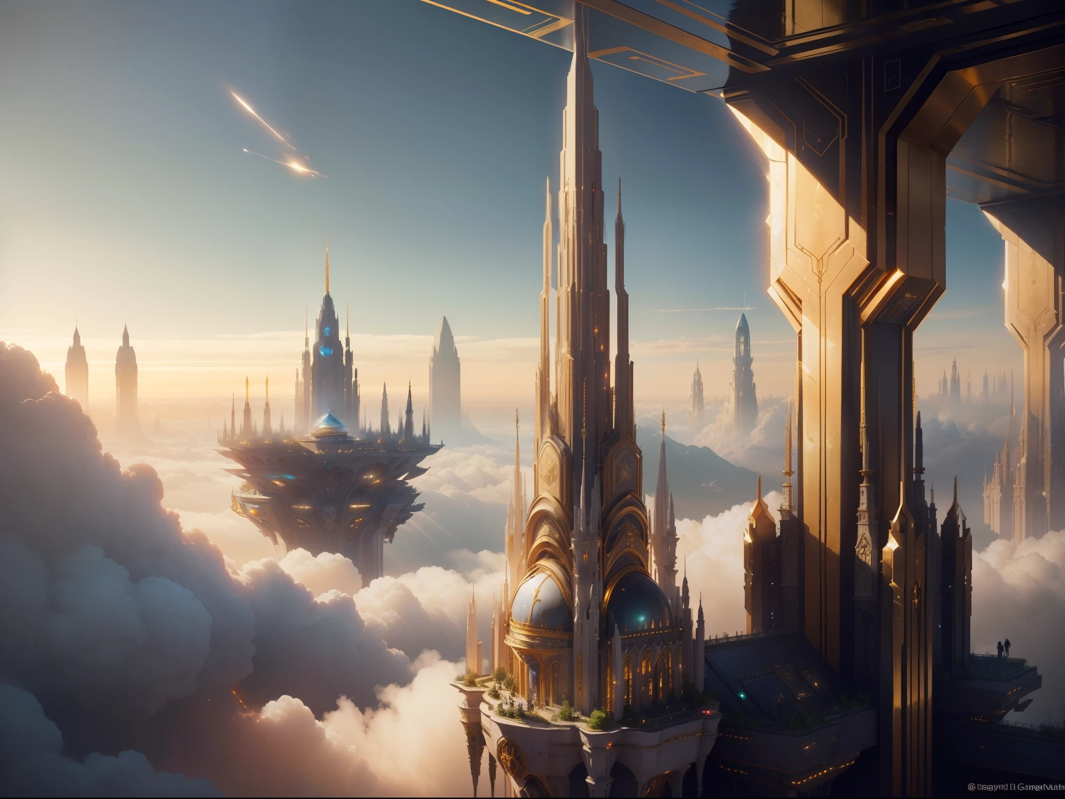 Fantasy, ((In the style of Greg Rutkowski)), Heavenly Angels, ((New Heaven, New Earth)), ((Futuristic architecture)): Celestial Mansions of Gold and Crystal rising above vibrant forests, inhabited by magical creatures and luminous energy. The crystal rooftops reflecting the golden sunrays, casting a spectacle of light across the landscape.
Fantasy: ((Greg Rutkowski style)), ((Clouds in the skies)), ((Futuristic architecture)), Glory of God, Power and Honor, (Army of Angels), (Retrofuturism), (cottagecore), ( all of pure gold), ((Inspired by H.R. Giger)), (mist close to the ground, rolling in the distance), ((glorious splendor rolling)), Celestial City of Gold and Resplendent Crystal
Fantasy: ((Greg Rutkowski style)), ((Clouds in the skies)), ((Futuristic architecture)), Glory of God, Power and Honor, (Army of Angels), (Retrofuturism), (cottagecore), ( all of pure gold), ((Inspired by H.R. Giger)), (mist close to the ground, rolling in the distance), ((equal height, length, and width)), ((rolling glorious splendor)), Celestial City of Gold and resplendent crystal
/imagine prompt: A gigantic city, (Spaceship), (Cube shape), ((gold and crystal)), (Futuristic Architecture,Middle Eastern), ((Hanging Gardens)), damask pattern, gold, jade, jasper, quartz, rose gold, sapphire, akos major, aerial photography, full body shot, fantastic realism, angelcore, hyper realism, dreamy glow, floodlight
/imagine prompt: A gigantic city, (Spaceship), (Cube shape), ((gold and crystal)), (Futuristic, Middle Eastern architecture), (Hanging Gardens), (Very Tall Towers), damask pattern, gold, jasper, sapphire, quartz, rose gold, akos major, aerial photography, full body shot, fantastic realism, golden hour
Fantasy: ((Greg Rutkowski style)), ((Clouds in the skies)), ((Futuristic architecture)), (Inspired by Middle Eastern architecture),  Glory of God, Power and Honor, (Army of Angels), (Retrofuturism), (cottagecore), ( all of pure gold), ((Inspired by H.R. Giger)), (mist close to the gro