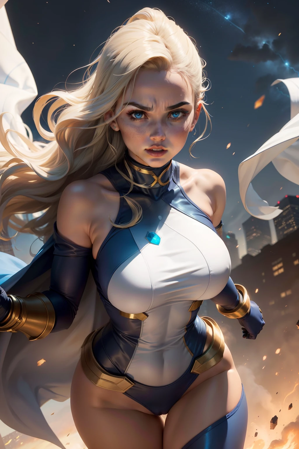 new york city, time square, With a v-neckline reaching mid-tummy, terra Zor-l, known as Power Girl, radiates cosmic energy in her iconic white bodysuit, blue gloves, endowed with superhuman strength and vision of heat, She soars through the skies with unrivaled grace and power. Her keen intellect and indomitable spirit drive her to uphold justice. The Power Girl costume, worn by Terra Zor-l, is a symbol of her strength and commanding presence. With a bold design, it features a wide V-neckline to the waist, in contrasting shades of white and deep blue. the "em" neckline highlights her confidence, while the cape flowing behind her evokes a sense of majesty as she soars through the skies. The combination of elegance and power in the costume reflects the heroine's fearless personality and superhuman ability.