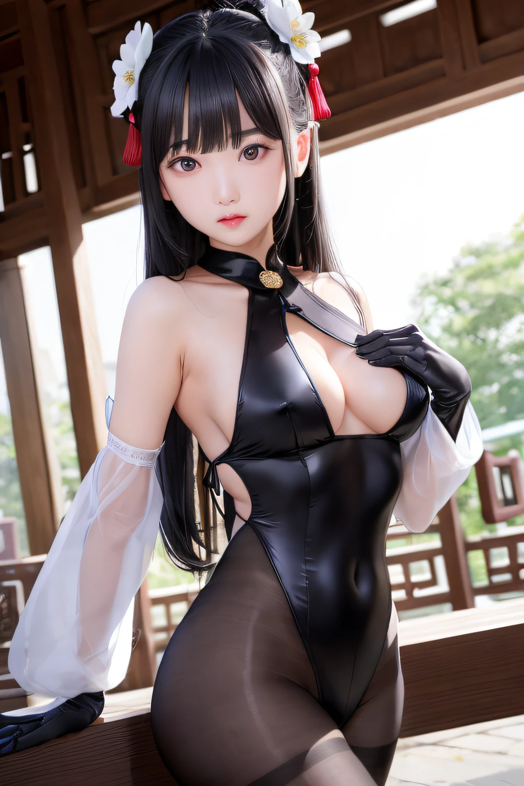 masterpiece、(Photorealsitic:1.5)、top-quality、beautiful lighting、real life、 1 人、Ahoge、architectural、bangss、bare shoulders、Nud、black gloves、Black pantyhose、(blue hairs)、red blush, breastsout, Chinese knots, Removed sleeves, east asian east asian architecture, flower knots, gloves, banya, length hair, looking at viewert, mideum breasts, neckbell, natta, outside of house, panthyhose, Purple eyes, side locks, 独奏, tassels, White sleeves、(ulzzang-6500:0.5) 、Convoluted、High Details、foco nítido、Dramatic、beautiful a girl、(RAW Photos、8k UHD、Film Grain)、Caustics、Subsurface scattering、Reflectors、dancer
