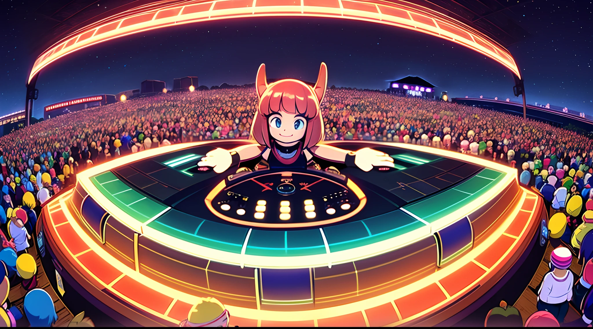 Long-range shots,wide wide shot,(Best quality), (Masterpiece), Outdoor music festival,In the center of the crowd,(Female DJ)Hefty Smile,