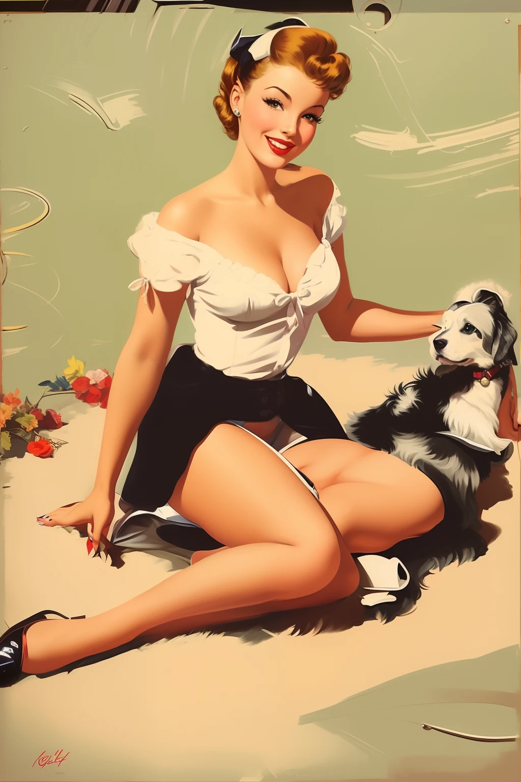 painting of a woman, sitting on the ground with a dog, Gil Elvgren's style, Gill Elvgren, Artgerm and Gil Elvgren, pinup art, girl pinup, girl pinup, Vintage pin app, pinup, Pin - up, pretty, Fix, Pin Up Girl, The girl from the poster in the style of pin-up, pin up girl