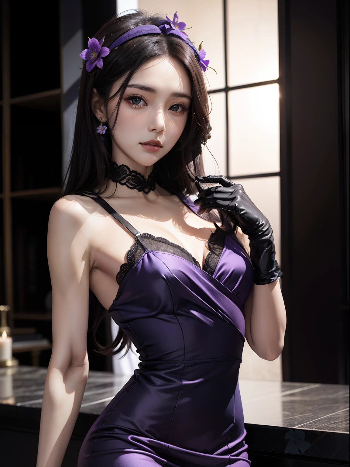 one-girl，Long brown hair，red color eyes，He wears small purple flowers on his head，Purple dress，Black lace gloves